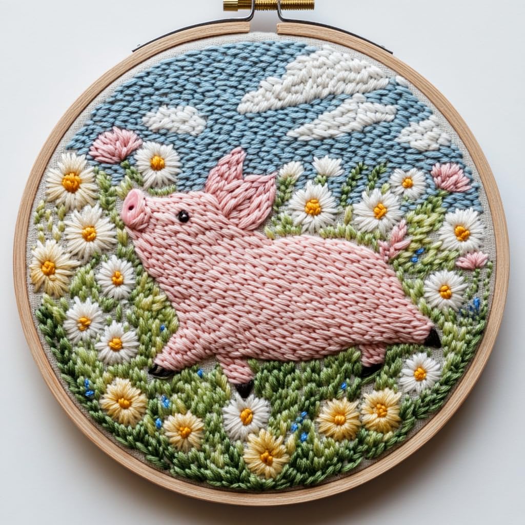 Punch Needle Kit for Beginners, Punch Stitching Kit for Adults, Needle Punch Kits for Adults with Pig Among Flowers Design, Ideal for DIY Crafts, Embroidery, Festival Decor, and Gifts for All Ages
