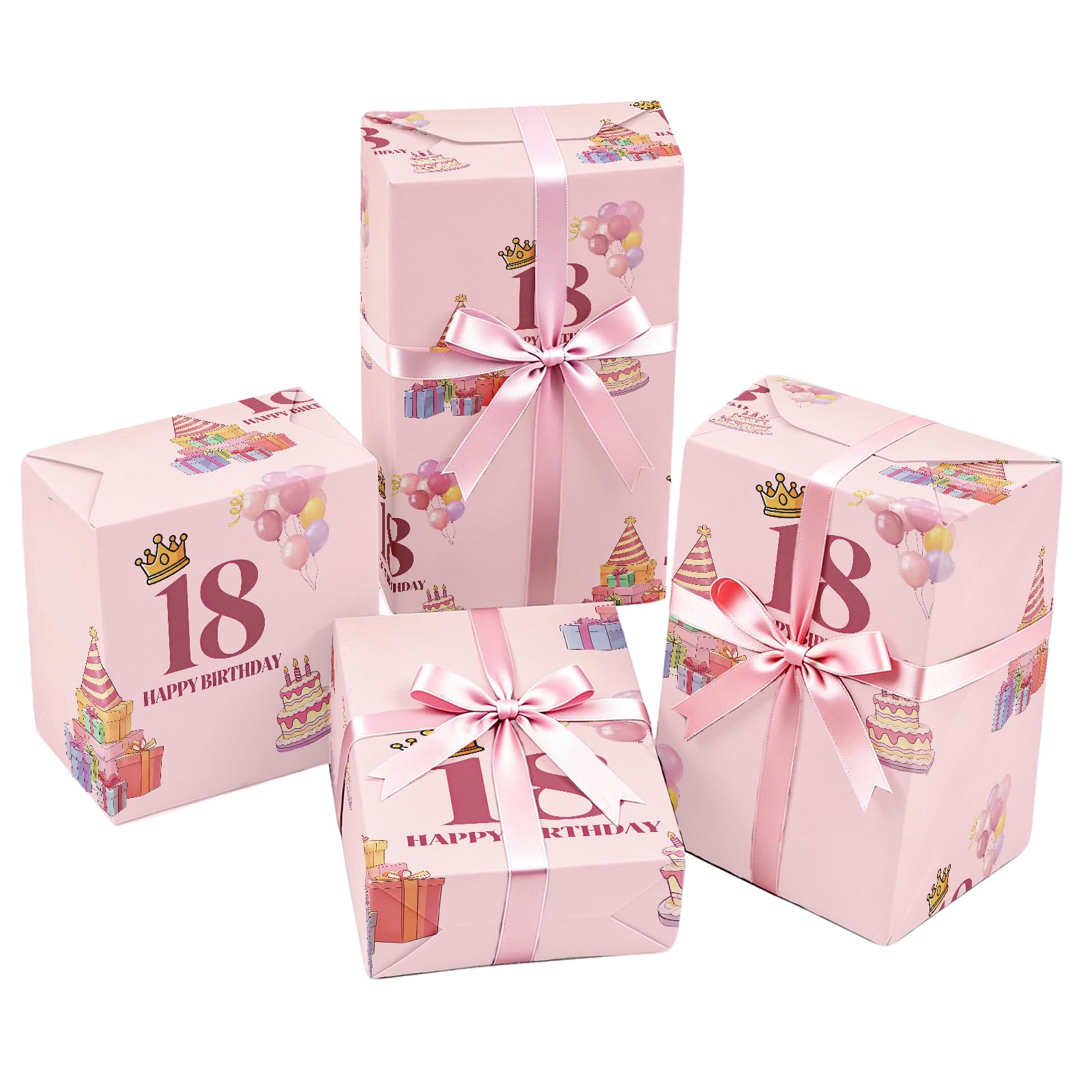 BOCACUE Gift Wrapping Paper Sheets, 8 Sheets 18th Birthday Wrapping Paper, 50x70 cm Recyclable Coated Paper, Rose Pink Wrapping Paper Roll for Parcels, Perfect for Girls' Birthday Decoration & Party