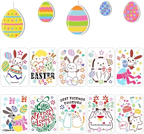 Plantilla de plantillas de pintura de Pascua, 10 unidades, diseño de conejito de Pascua, huevo de gato, plantilla de pintura de plástico, plantillas