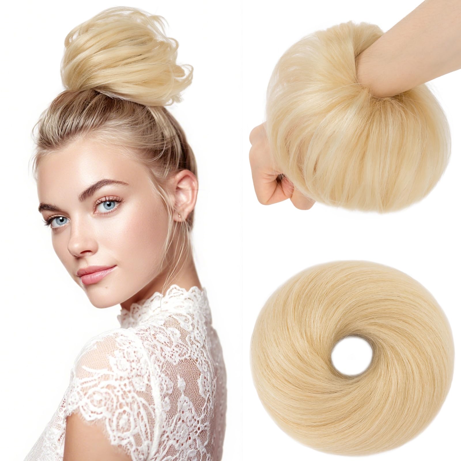 Elailite Human Hair Bun Scrunchie Straight Hair Piece Smooth Neat Real Hair Covered Donuts Updo Chignon For Women