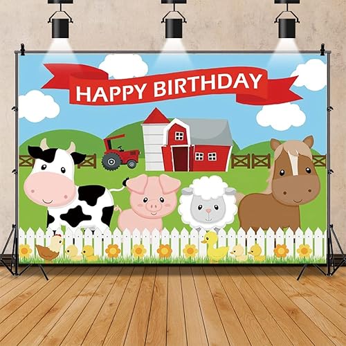 Miniatura 3 de Renaiss Fondo de cumpleaños de animales de granja de dibujos animados de 7 x 5 pies, bonito telón de fondo de valla de vaca, granjero, casa de
