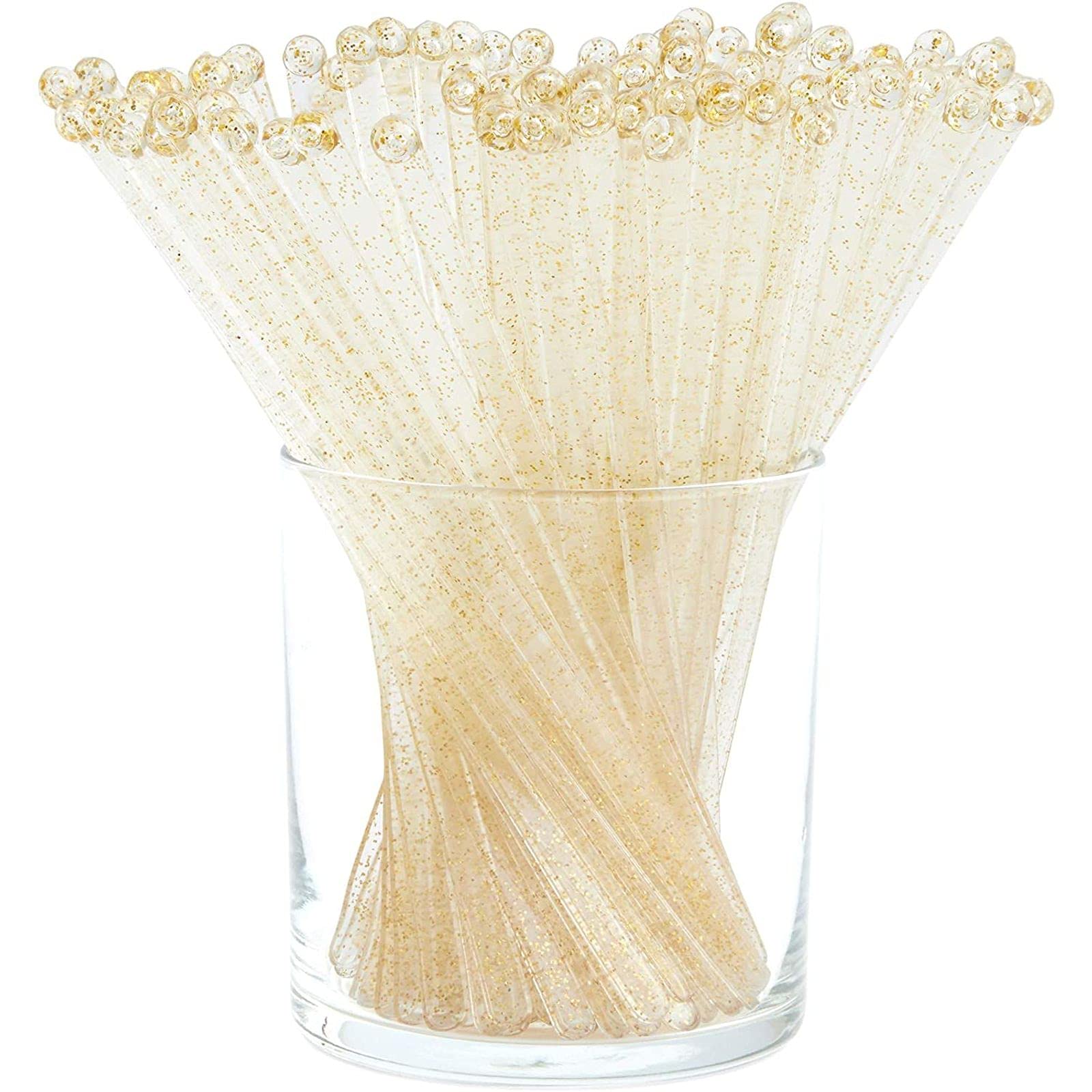 BLUE PANDA 100 Pack Gold Swizzle Sticks for Cocktails, 6.5 Inches Long, Plastic Drink Stirrers for Coffee Bar, Mixed Drinks, Cake Pops