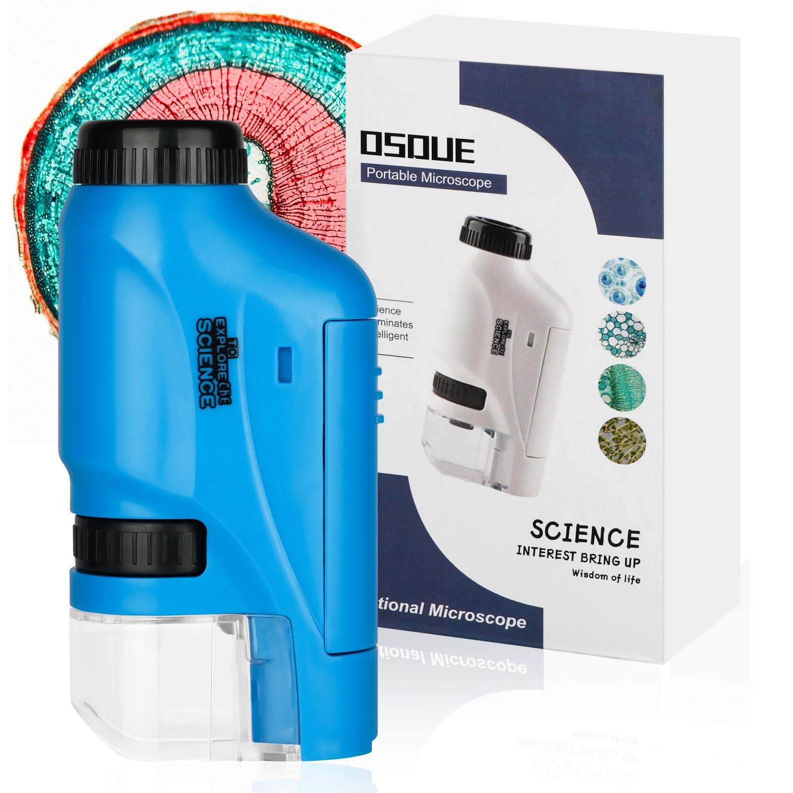 OSDUE Mikroskop Kieszonkowy dla Dzieci, Przenośny 60x-120x Mini Zoom z Podświetleniem LED, Zabawka Edukacyjna, Prezent dla Uczniów i Przedszkolaków