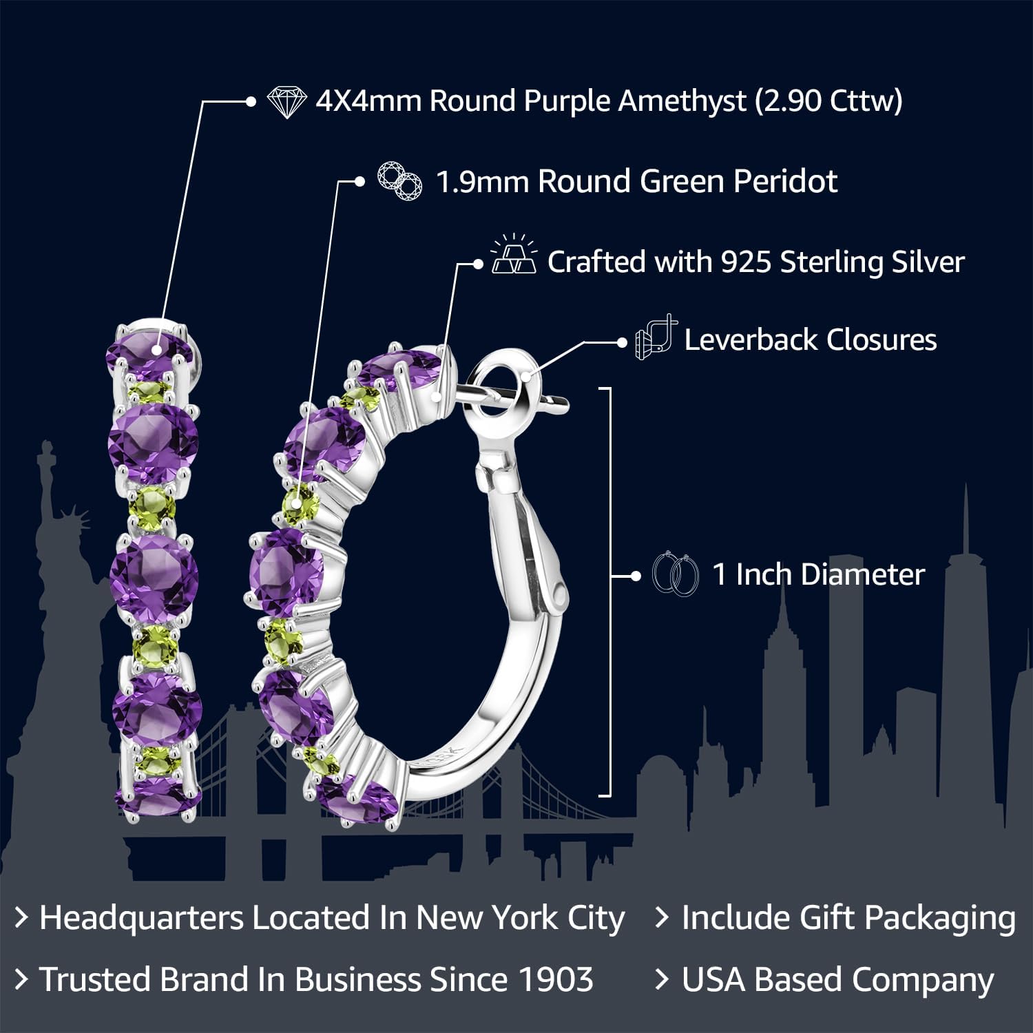 Gem Stone King 2.90 Cttw Purple Amethyst and Green Peridot Hoop Earrings For Women | 925 Sterling Silver | Round 4MM and 1.9MM | Gemstone Birthstone | 1 Inch Diameter