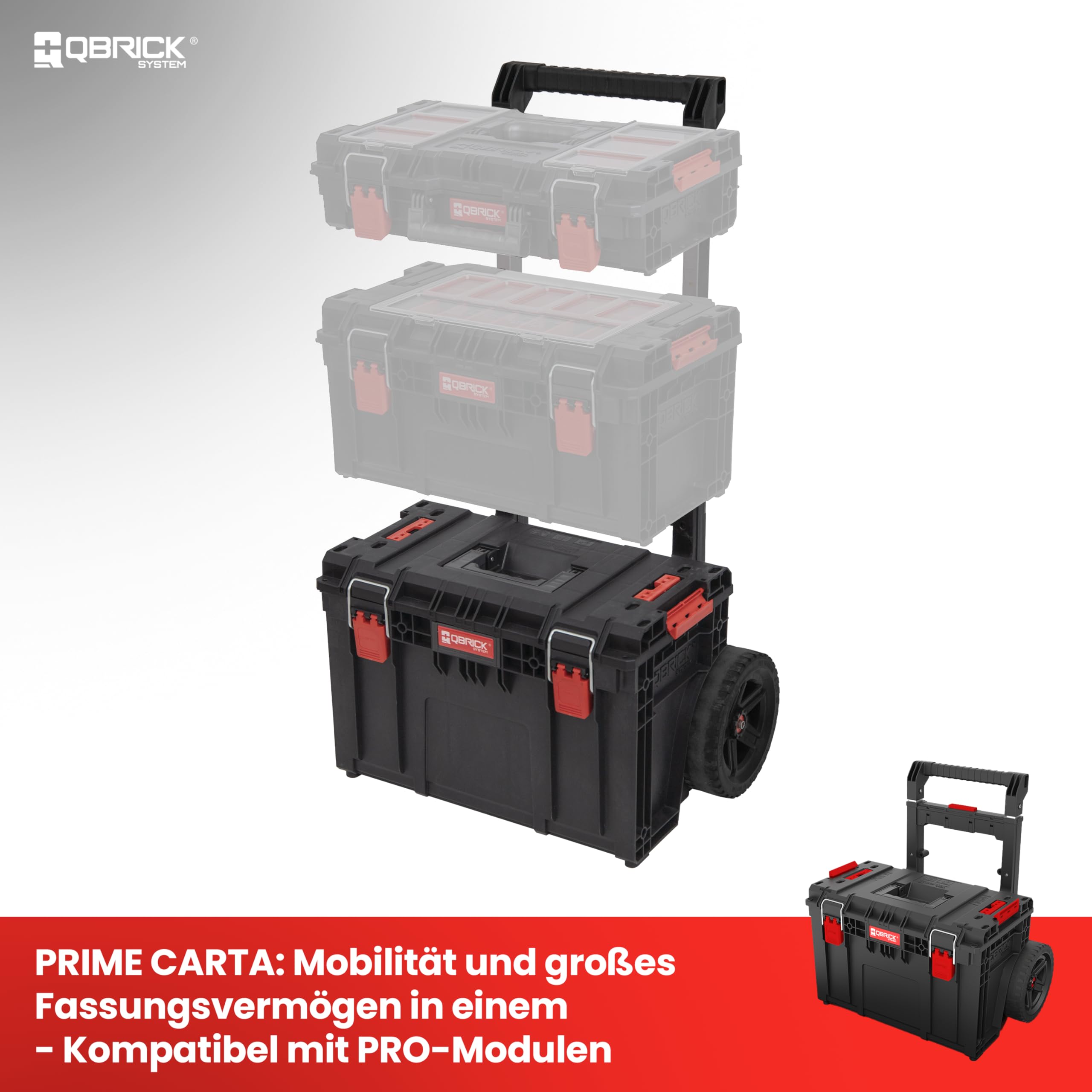 Qbrick System Werkzeugwagen Prime Cart Black Werkzeugtrolley Werkzeugkoffer Werkzeugkasten IP66 100 kg Tragkraft 120 kg Belastbar Modular