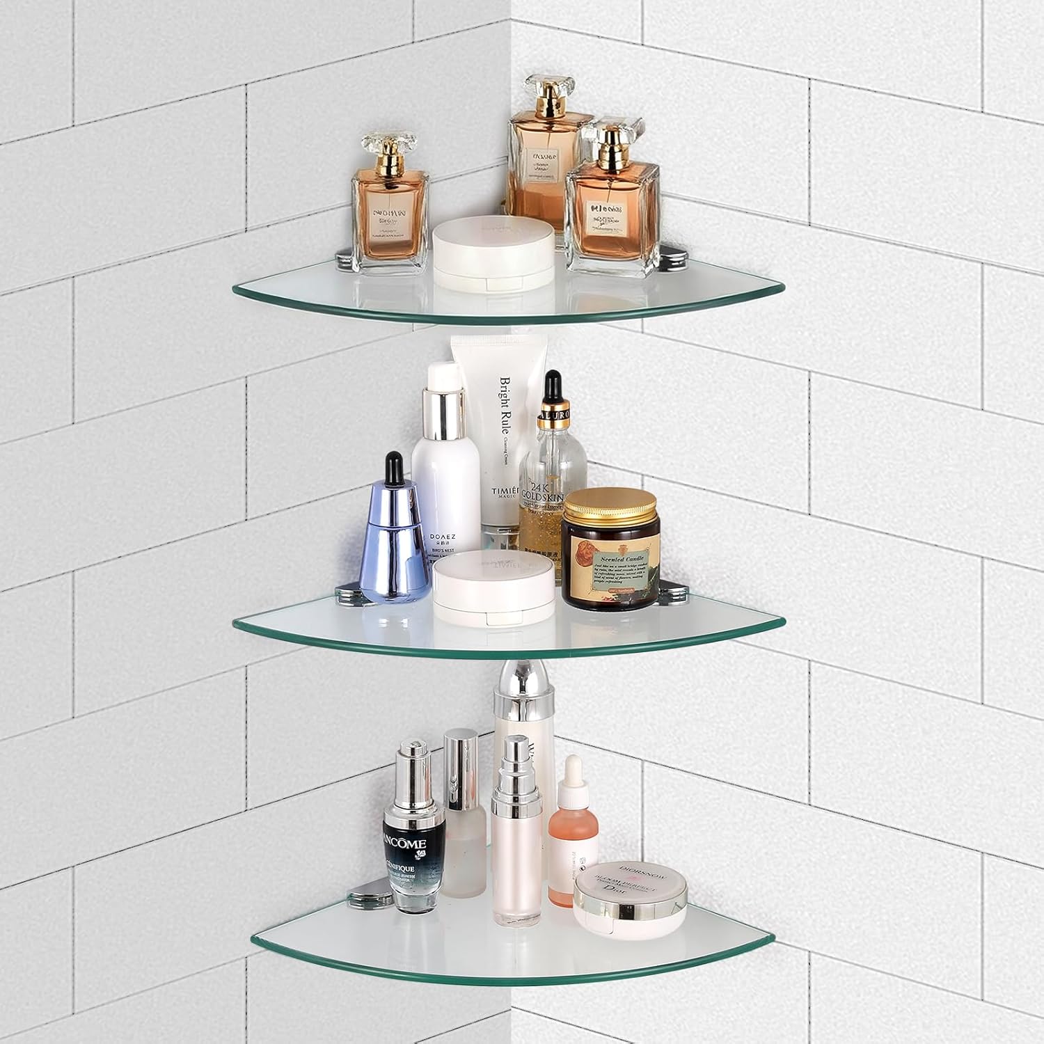 3 Pack Glass Corner Shower Shelves, Tempered Floating Glass Shelves Wall Mount, Shower Caddy Organizer, Bathroom Corner Shelf with Zinc Alloy Brackets for Bathroom, Kitchen, Living Room 3 PACK Without Rail