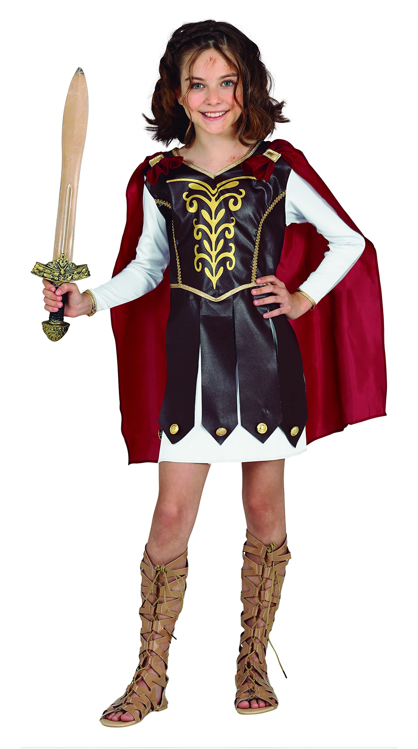 FIESTAS GUIRCA Gladiator Girls Fancy Dress Costume - Dress with Golden Details and Red Cape for Children 10-12 Years