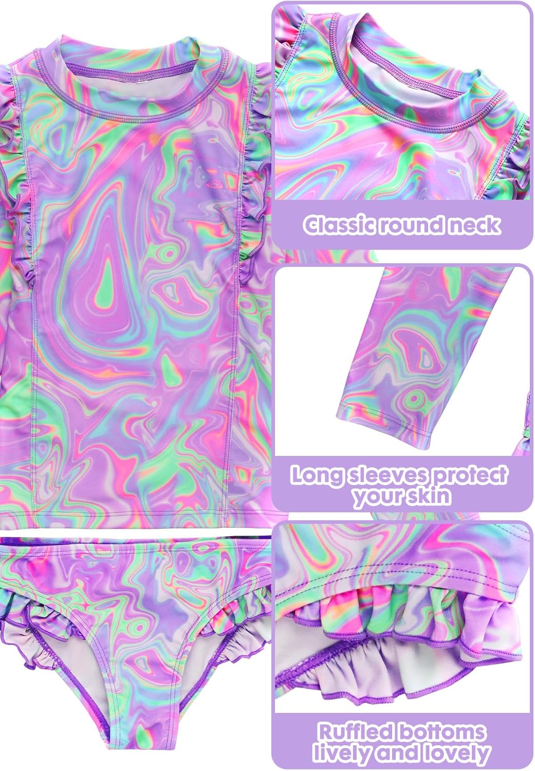 Girls Swimsuit,Toddler Girls Bathing Suit Long Sleeve Rush Guard Swimwear,UPF 50+ Quick Dry Summer Beach Swimsuit - Image 5