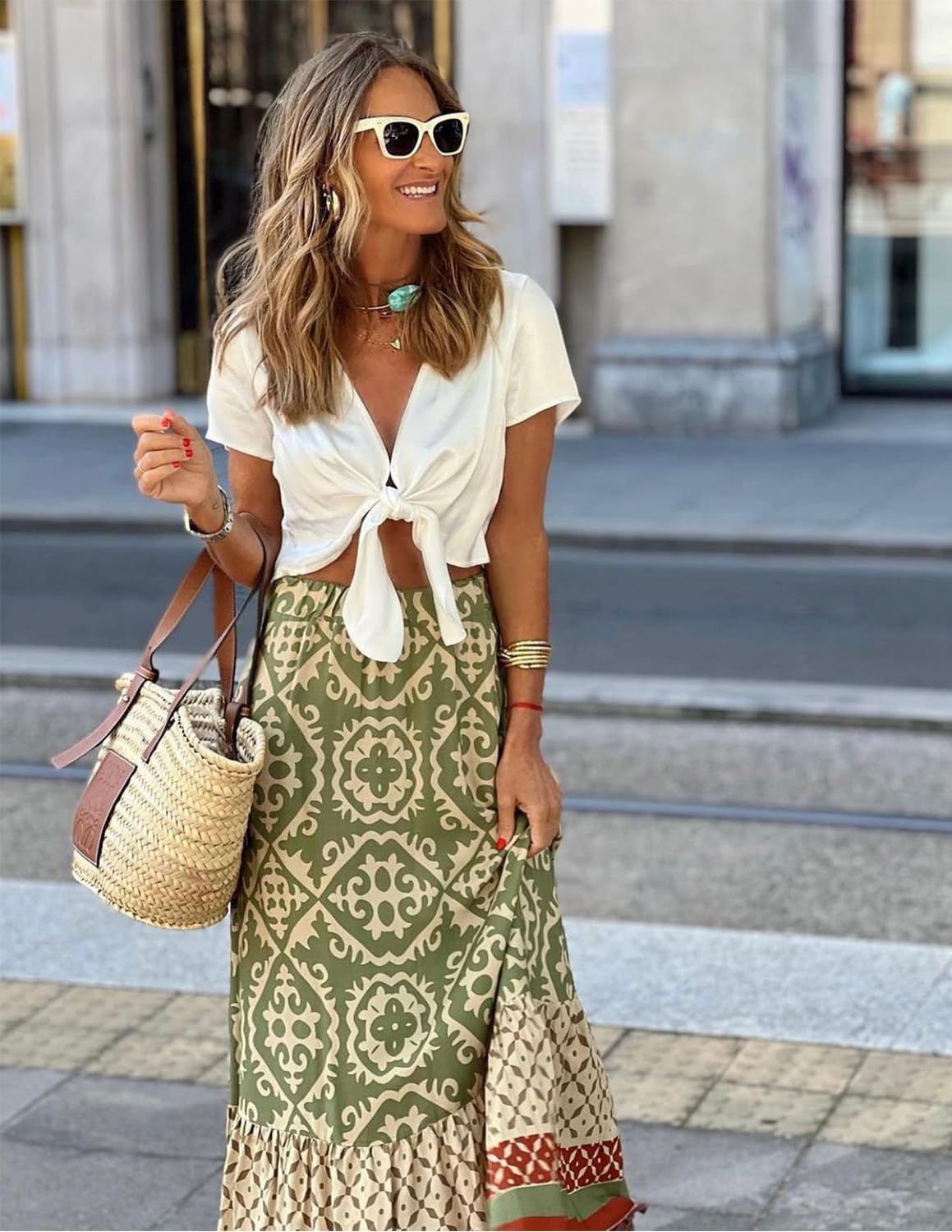 Donna Gonna Lunga Stampata Casual Alta Vita Elastica Boho Floreale Senza Maniche Gonna Estiva Abiti da Spiaggia