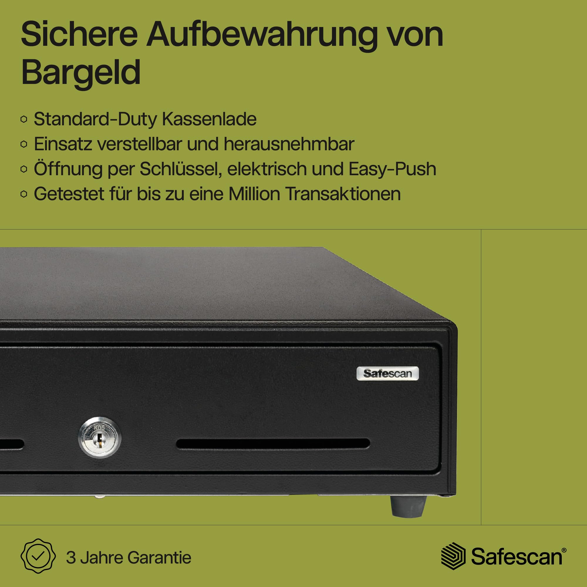 Safescan SD-3540 Standard-Duty Kassenschublade mit 4 Fächern für Banknoten und 8 für Münzen - Kassenlade mit RJ-12 Anschluss (z.B. Registrierkasse) - Solide Kassenschublade von 35 x 40,5 x 10,5 cm | SAFESCAN SD-3540, 8 Münzfächer / 4 Banknotenfächer