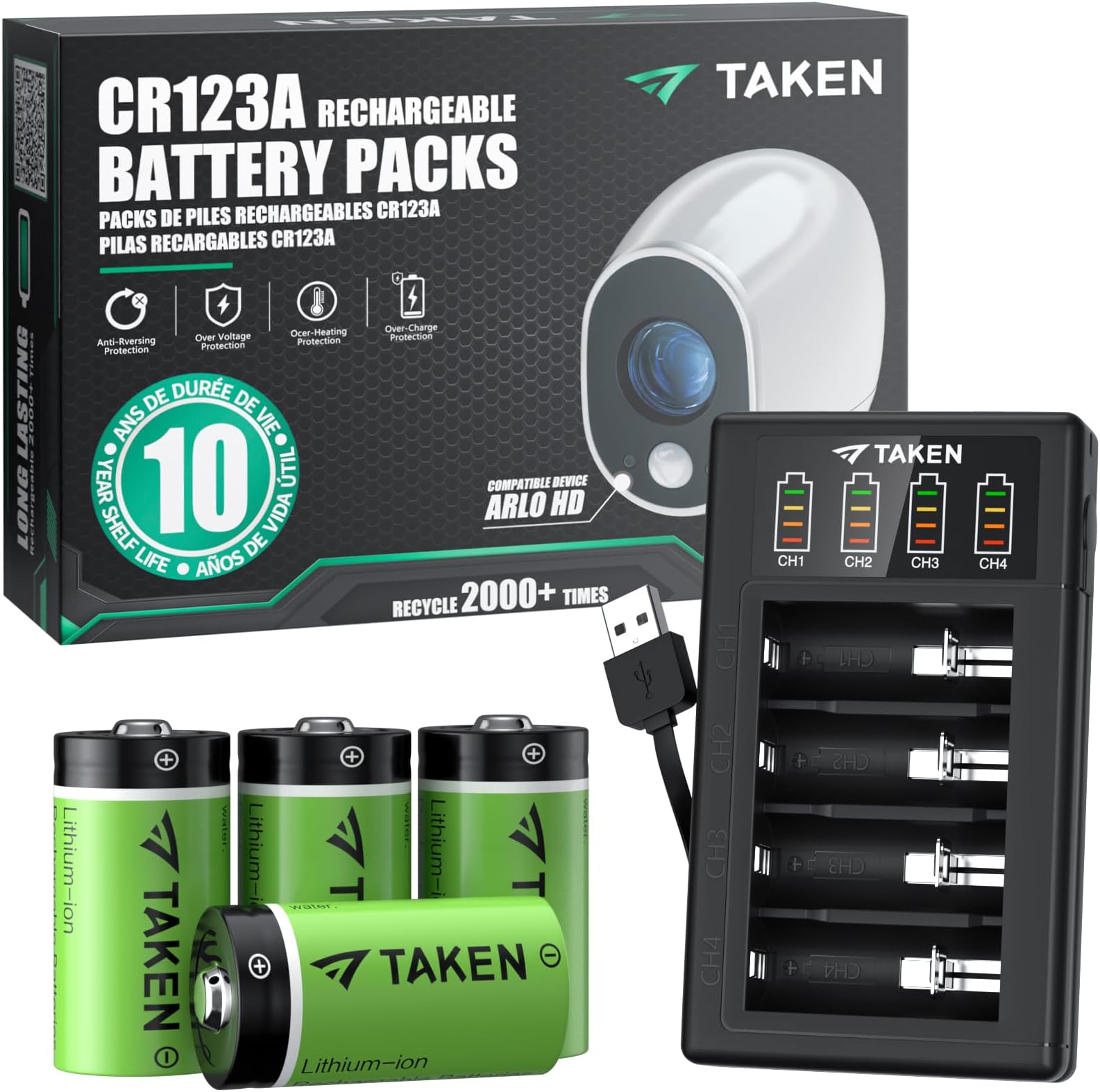 Taken CR123A Rechargeable Batteries 4 Pack, 3.7V Lithium Battery and LED Charger Compatible with Arlo Security Cameras (VMC3030/VMK3200/VMS3330/3430/3530), Flashlight, Microphone
