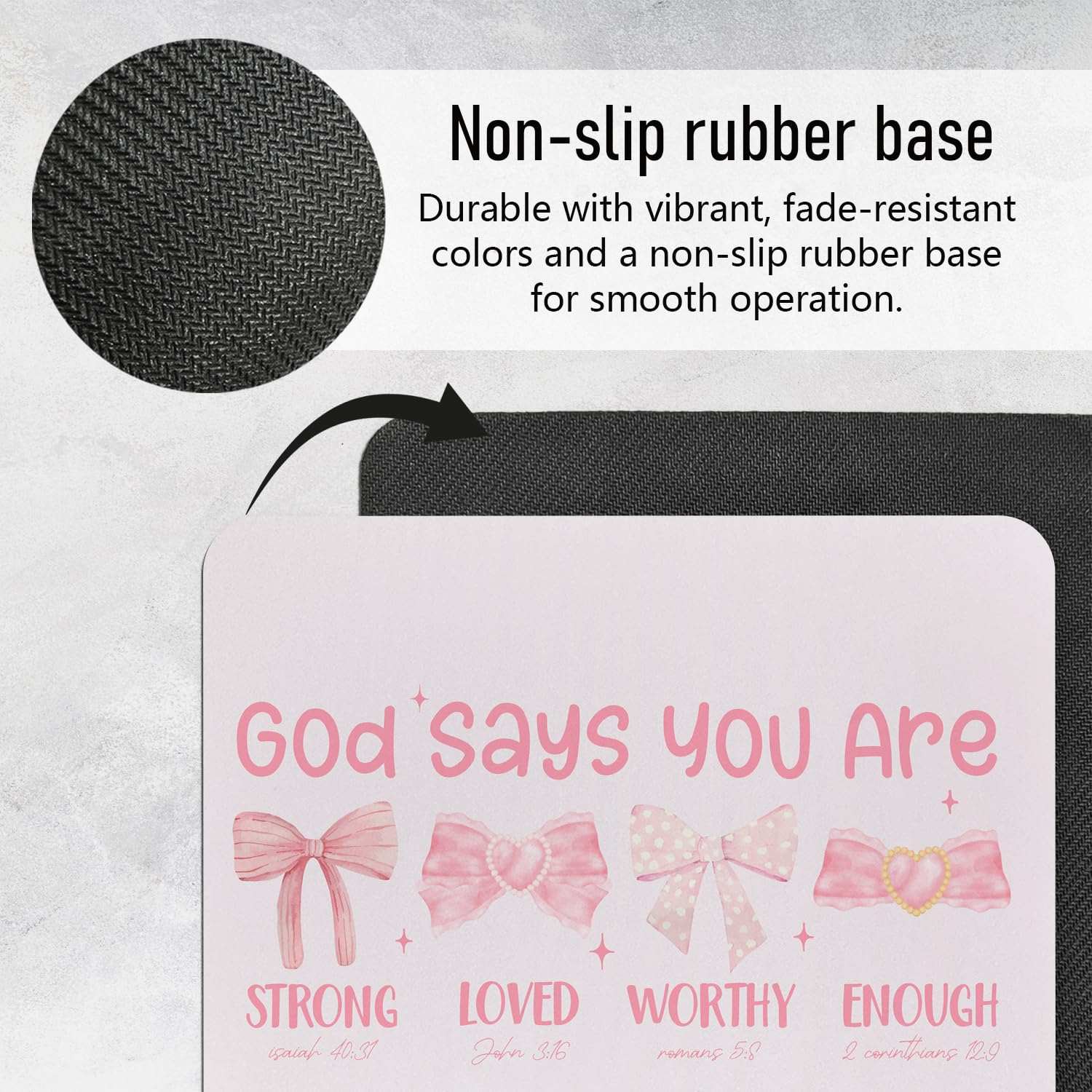 Alfombrilla de ratón con diseño de coqueta de lazo rosa, versículo bíblico inspirador, suministros de oficina, accesorios de escritorio rosa, accesorios de chica jugadora, regalos cristianos