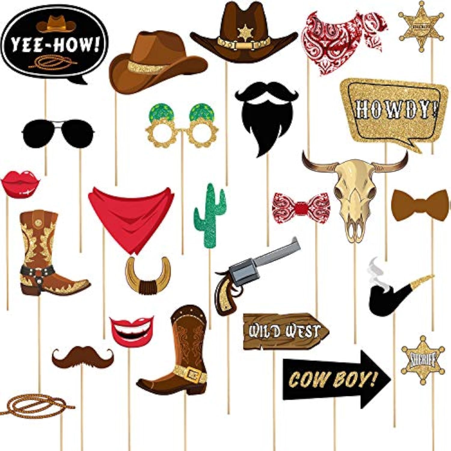 Blulu 26 Pieces Western Photo Booth Props Kit Wild West Country Theme Party Decorations Selfie Props for Western Theme Party Favors Supplies(Cowboy)