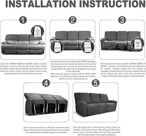 Miniatura 6 de NORTHERN BROTHERS Fundas de terciopelo para sofá reclinable de 8 piezas de 3 plazas, funda elástica para sofá reclinable, funda gruesa y suave,