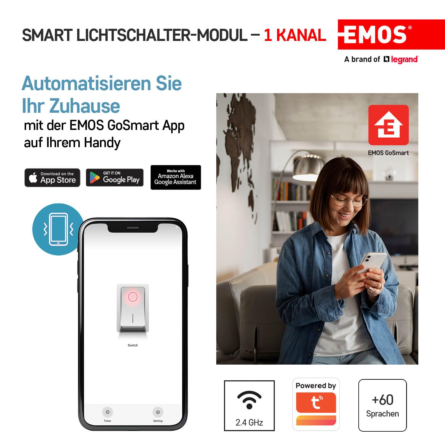 EMOS GoSmart - moduł włącznika światła Smart Home z aplikacją - ZigBee - do pojedynczego przełącznika - podtynkowy przełącznik przekaźnika do zdalnego sterowania, sterowanie głosem - kompatybilny z
