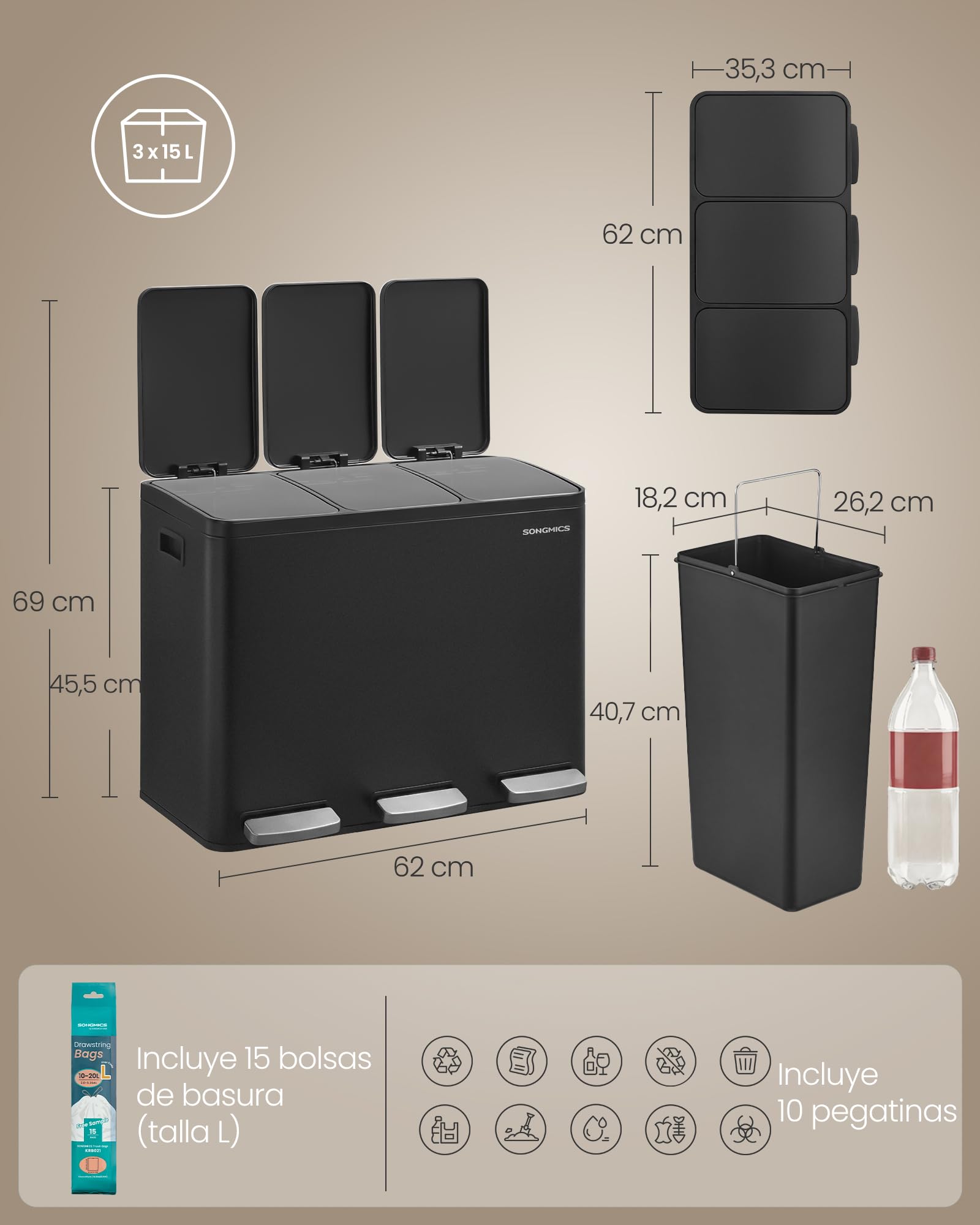SONGMICS Cubo de Basura de Cocina de 3 x 15 L, con 3 compartimentos, 15 Bolsas, Cubos Extraíbles, Tapa, Asas, Cierre Suave, Acero, Negro Tinta LTB145BZ02