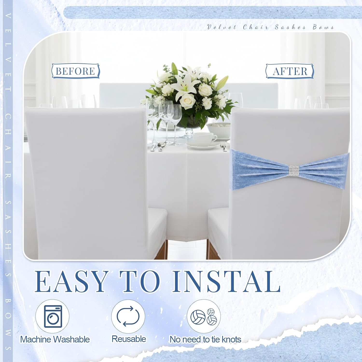 Moukeren Dusty Blue 50 Pcs Velvet Chair Sashes Bows with Rhinestone Ring Buckle Slider Elastic Universal Bowknot Chair Cover Bands Ties for Wedding Banquet Ceremony Event Party Decoration
