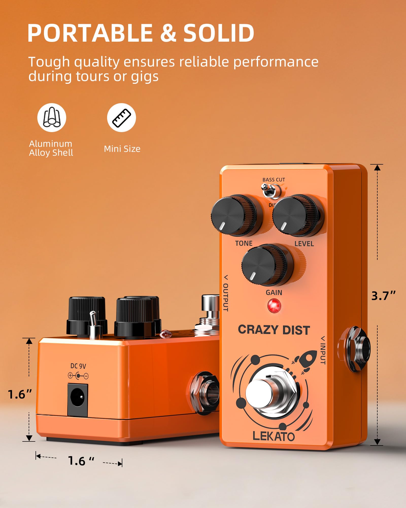 LEKATO Mini pedale distorsione, effetto distorsione, per chitarra elettrica, con due modalità BASS CUT/DIST, pedale analogico per chitarra, Truebypass, DC 9 V