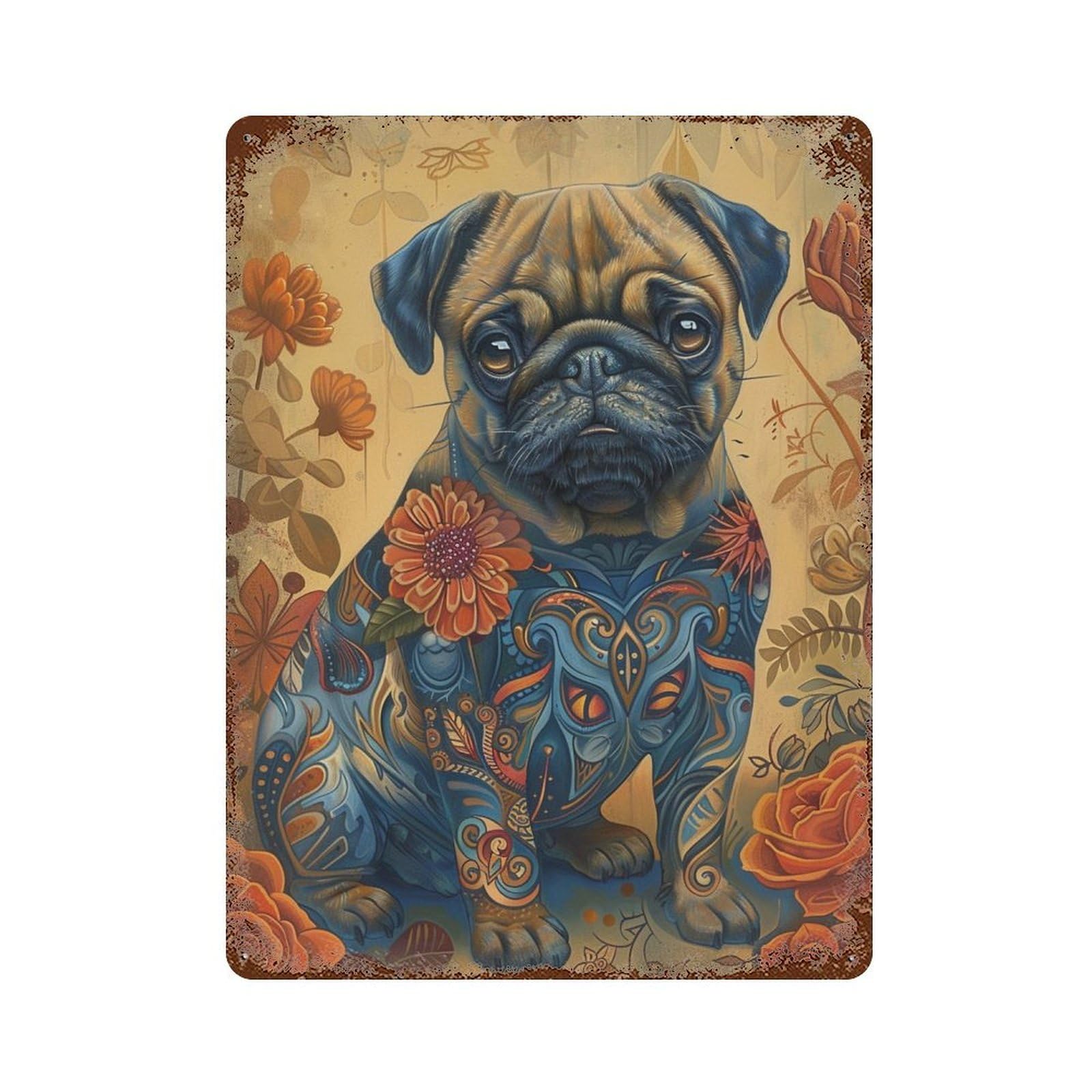 Weathered Tin Sign Floral Tattooed Pug Art Print 15.7"x11.8", Rustic Home Decor for Basement, Hobby Room And Garage Decor