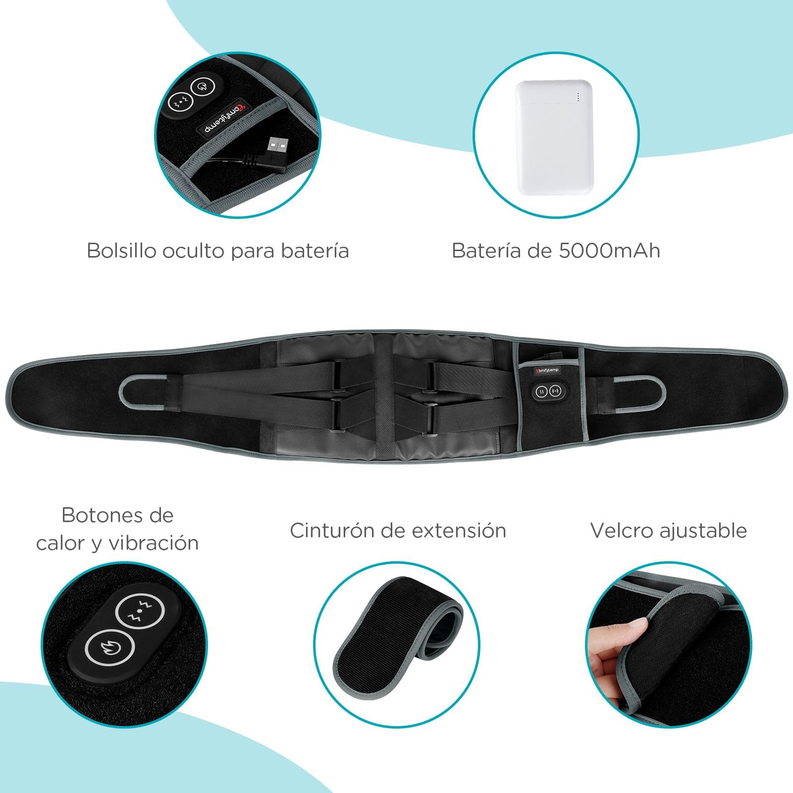 Comfytemp Almohadilla Eléctrica Lumbar, Manta Eléctrica Para Cintura Inalámbrica con 3 Modos De Calefacción Rápida y Masaje, Faja Lumbar Termica Para Zona Lumbar y Abdominal, Regalo para Papá y Mamá