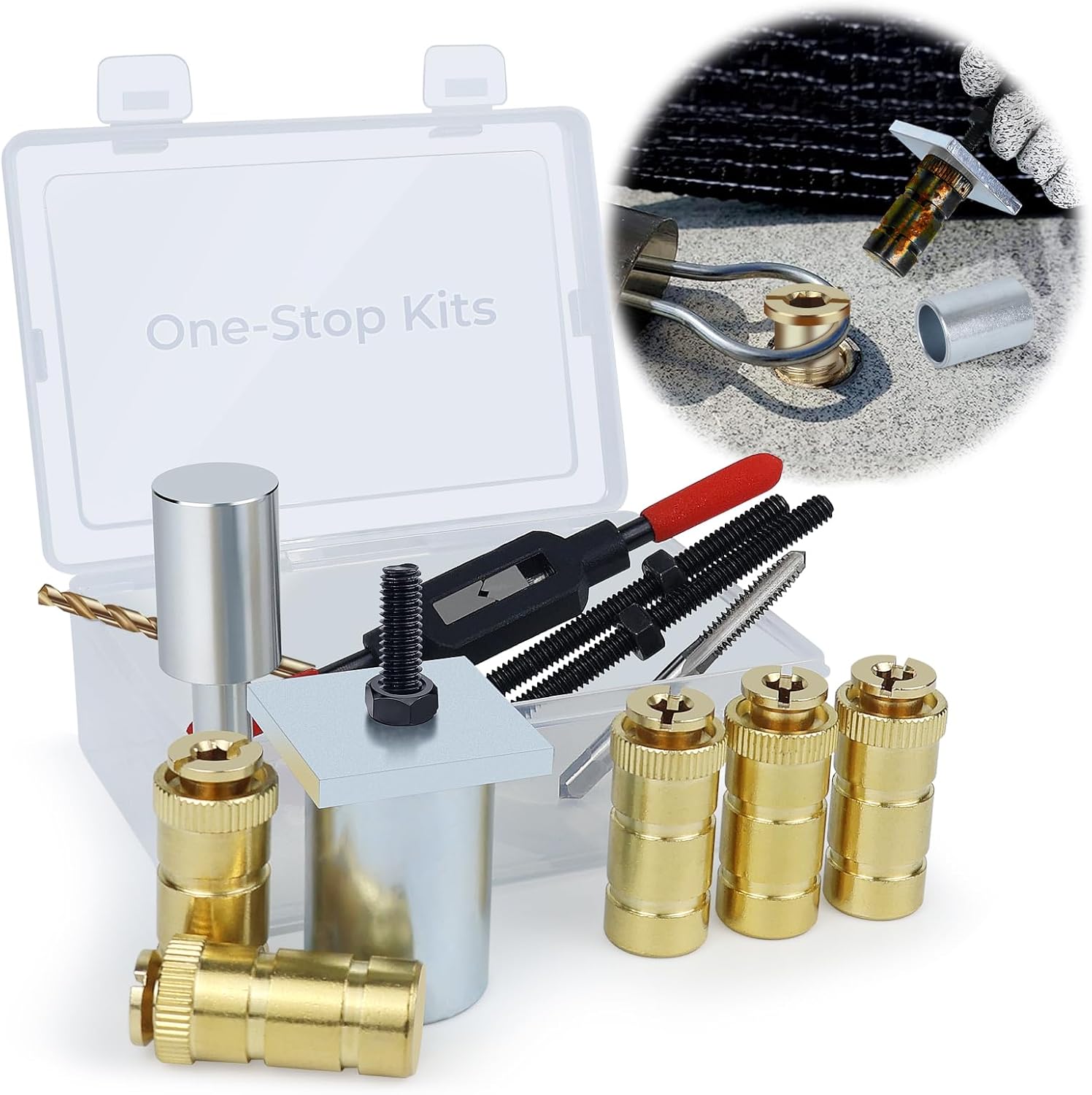 One-Stop Pool Anchor Removal Tool Kit with 5 PCS Brass Pool Cover Anchors for Lock Inground Pool Cover, Anchor Replacement Tool Kit, Removal and Reinstall Anchors Tool Kit with Storage Box