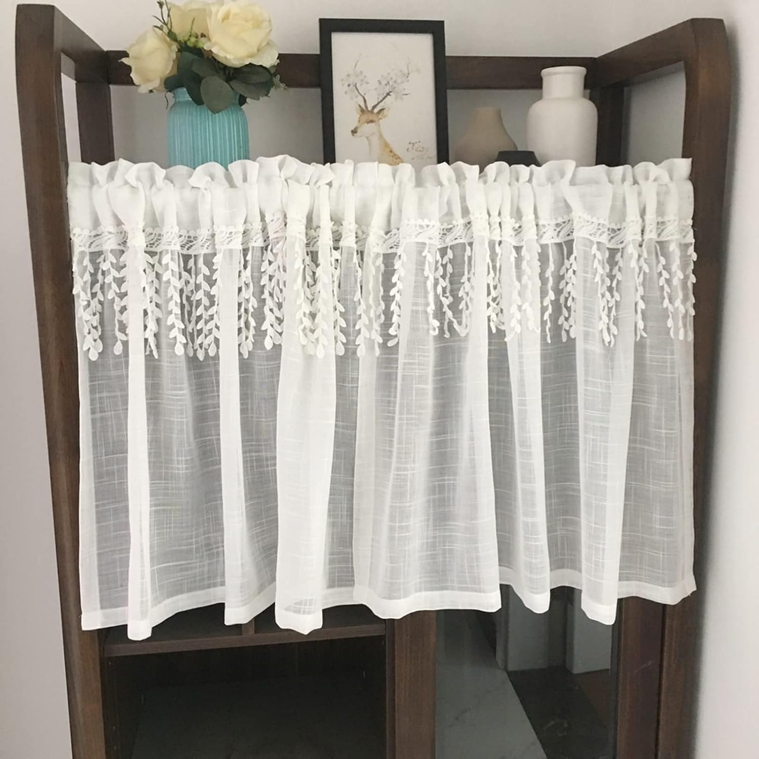 Short Curtain for Small Window Retro Solid White Semi Transparent Sheer Cotton Linen Embroidery Lace Voile Curtain Bistro Net Curtain Kitchen Curtain