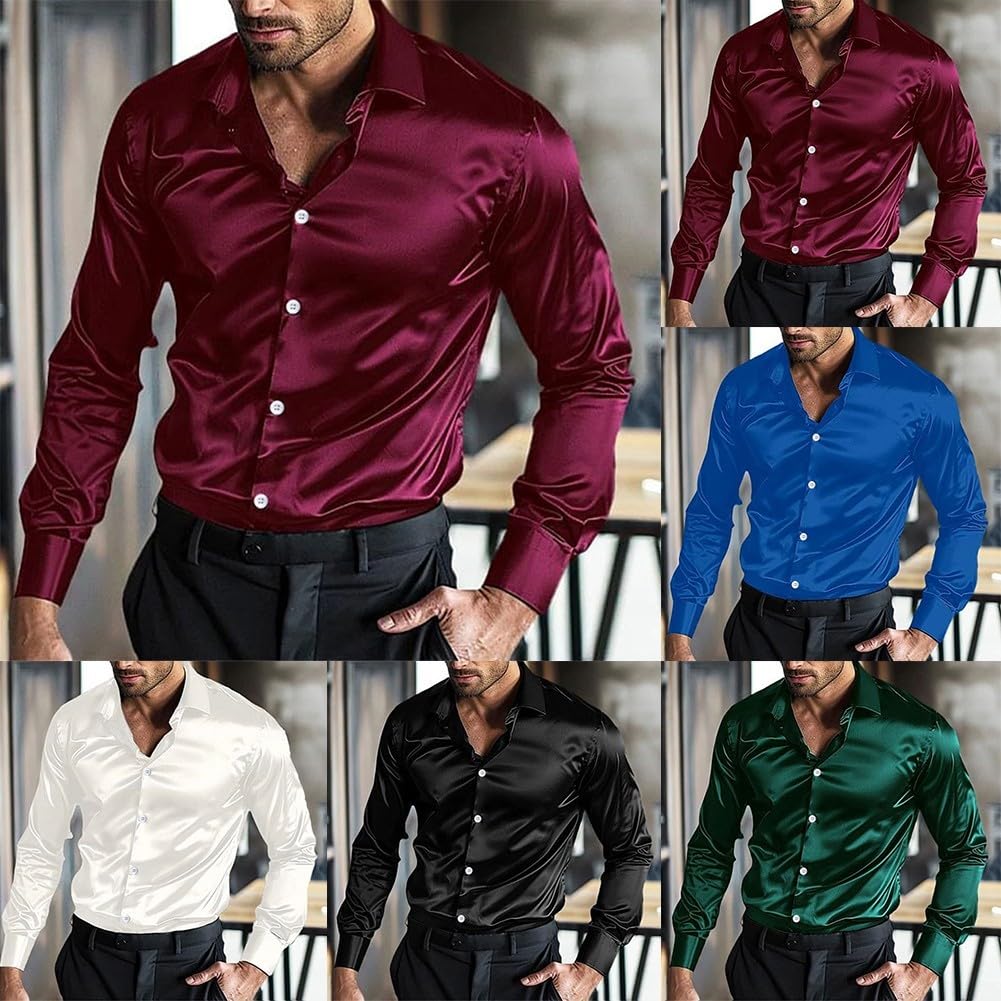 SPORTARC Camicia da uomo in raso di seta, a maniche lunghe, casual, per matrimoni, feste e discoteche