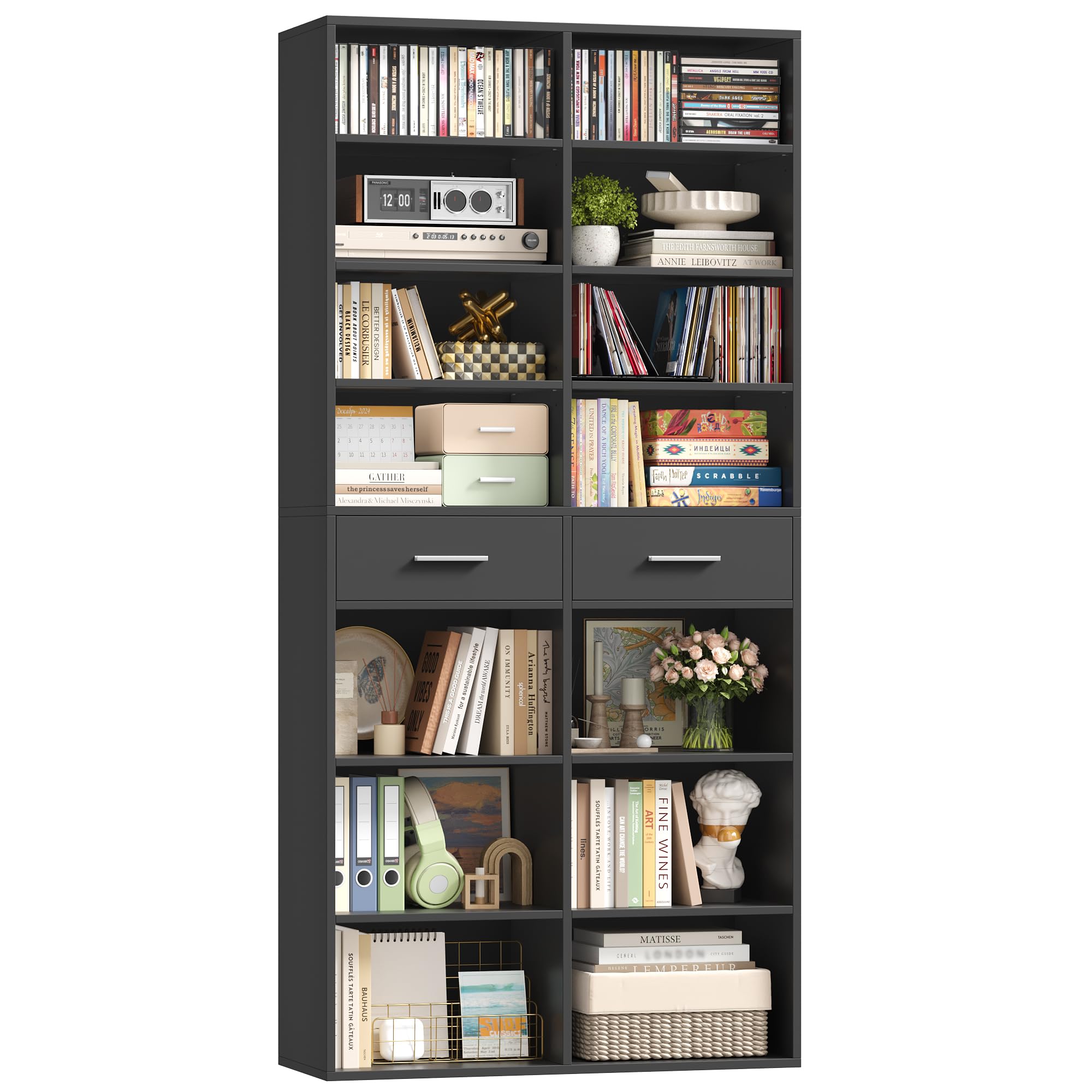 HOCSOK Estantería de 185,5 cm de alto con 2 cajones, estantería de 8 niveles, estantería de almacenamiento abierta para estudio, oficina, salón, dormitorio, color negro