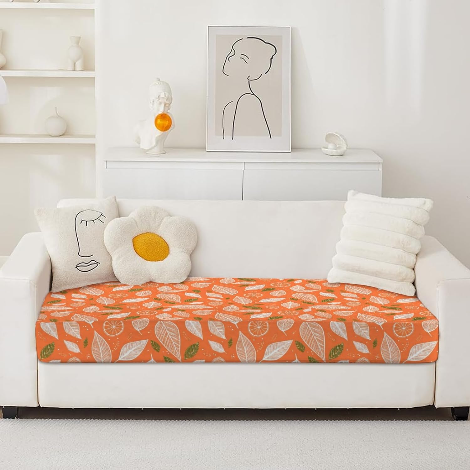 Citrus Leaf Art Orange Loveseat Covers Couch Covers for 2 Cushion Couch, 2-Piece Stretch Sofa Slipcovers Anti-Slip Washable Furniture Protectors for Dogs Pets