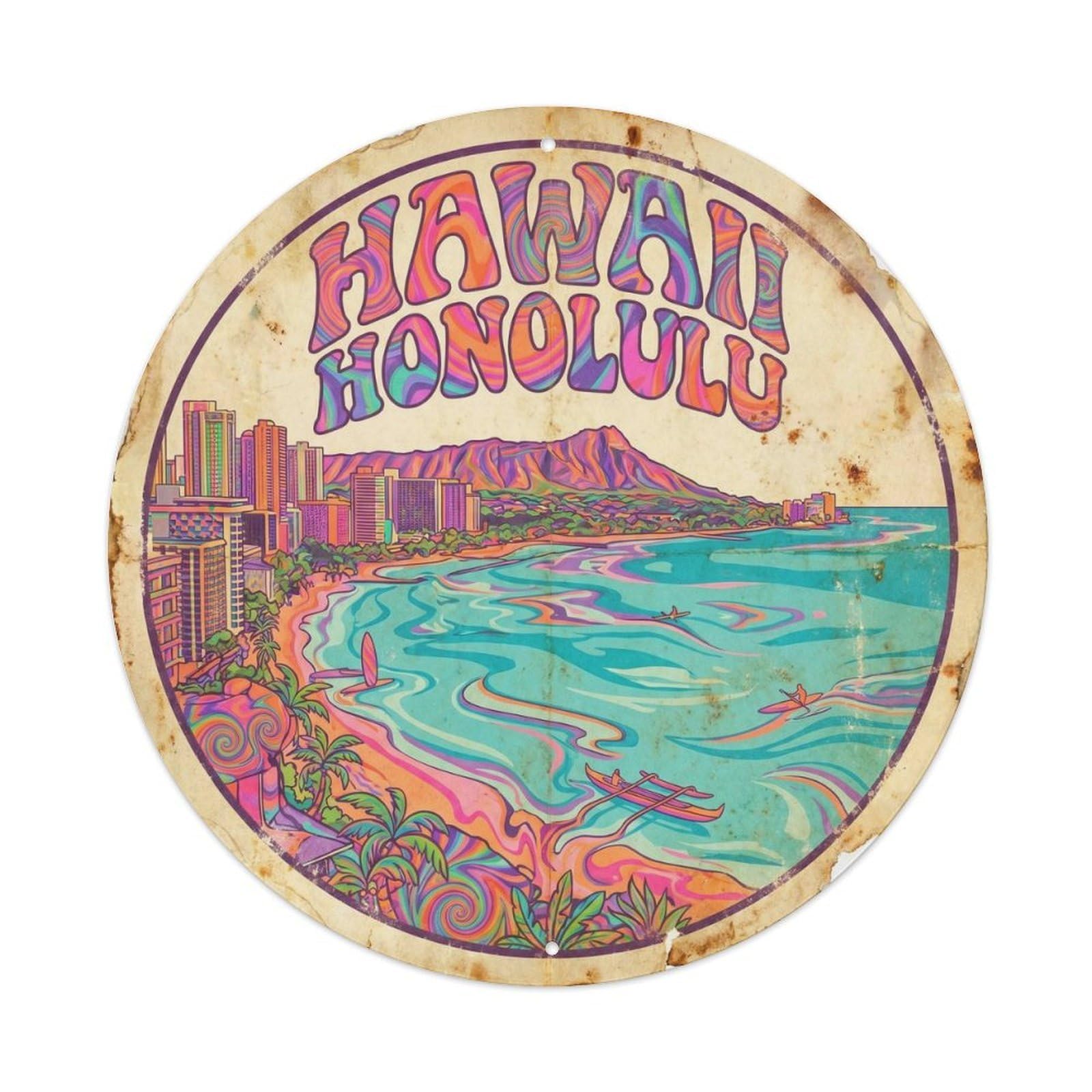 Hawaii Honolulu Tropical Resort Bold Psychedelic Metal Tin Sign