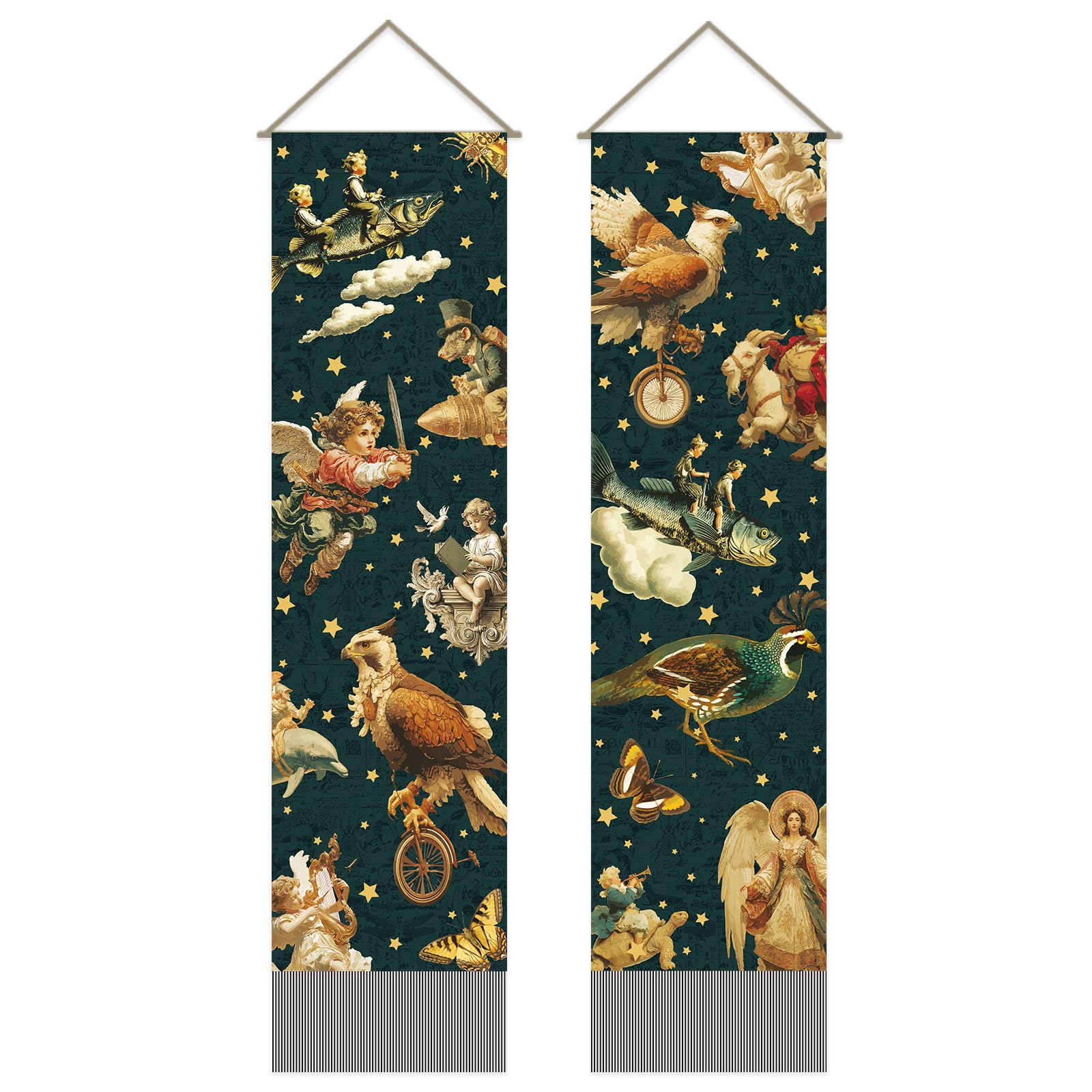 SUPERDANT 2PCS Retro Style Collage Tapestry Angle Babys Animals Wall Tapestry with Tassel Printing Art Tapestries Long Walls Hanging for Living Room Bedroom Dorm Backdrop Decorations