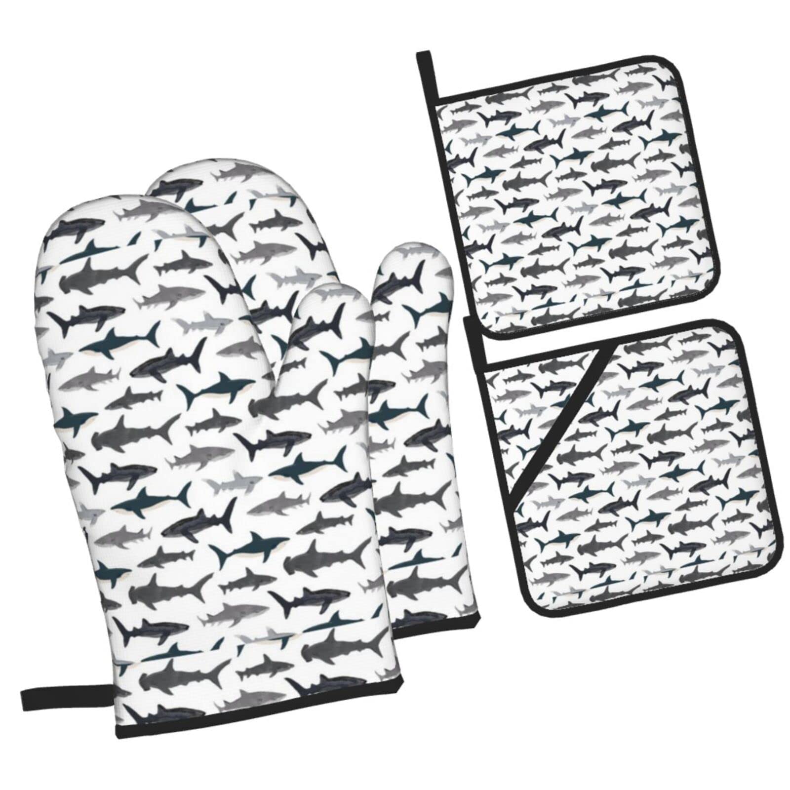 Sharks Nautical Oven Mitts and Pot Holders Sets, Christmas Oven Mitt Kitchen Heat Resistant Non-Slip Pot Holders Set for Cooking Baking BBQ