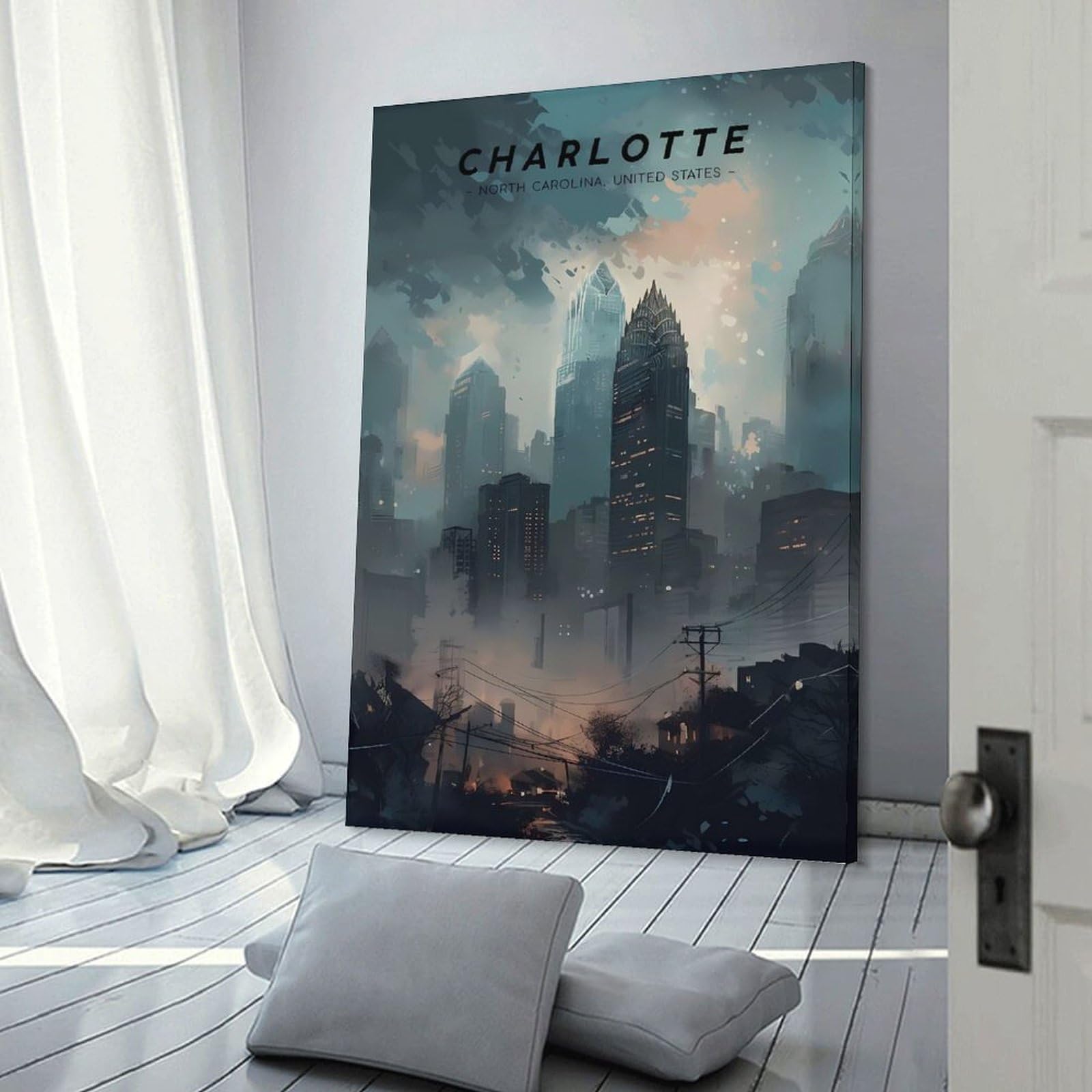 Junmoney Home Decor Wall Art Charlotte Skyline Horizon, 12x18inch(30x45cm), for New Homes, Bedrooms Or Workspaces, Decorative Present for New Homes