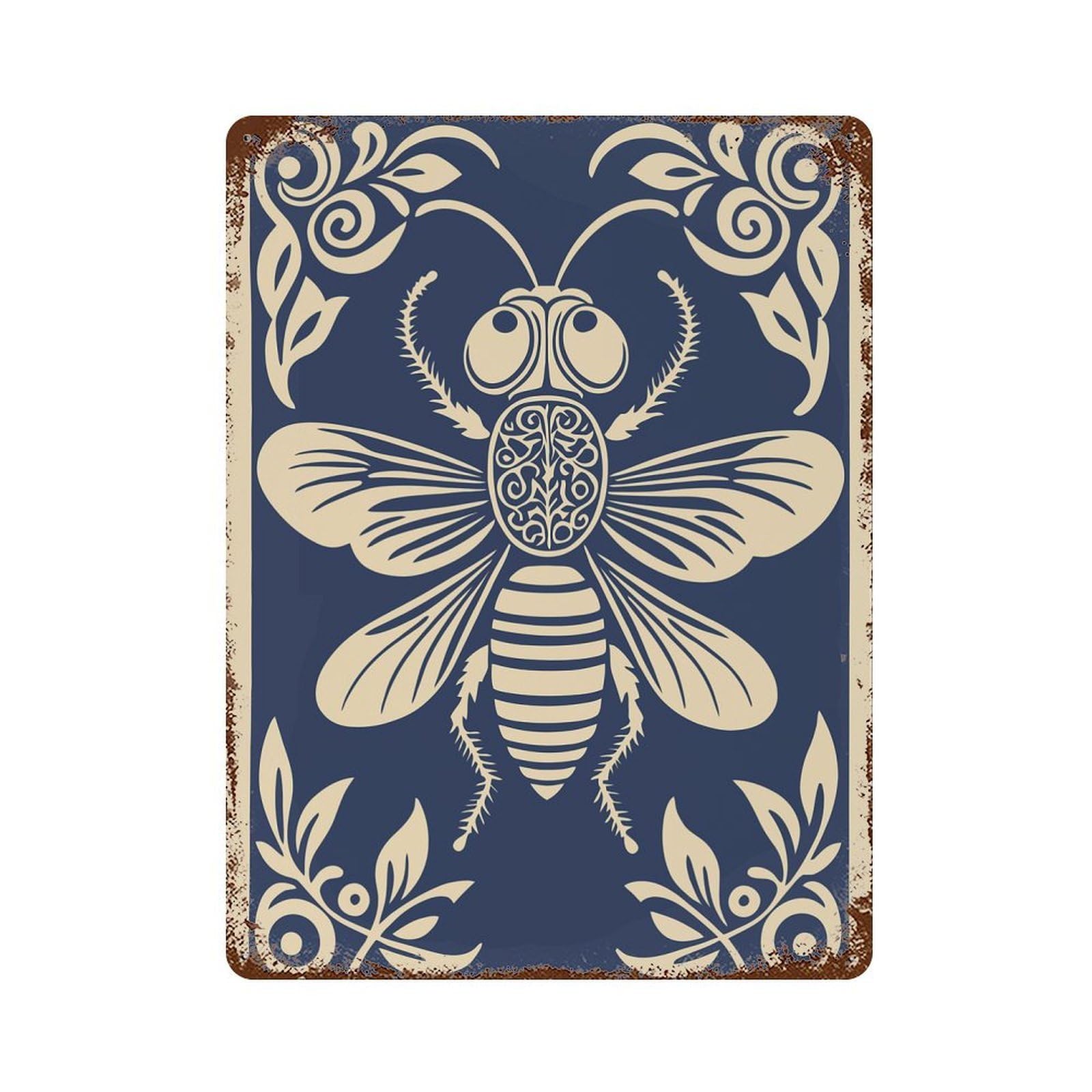 Rust Effect Stylized Bee Illustration Rustic Tin Plaque 15.7"x11.8", Classic Wall Plaque for Shed, Workshop And Garage Wall Decor