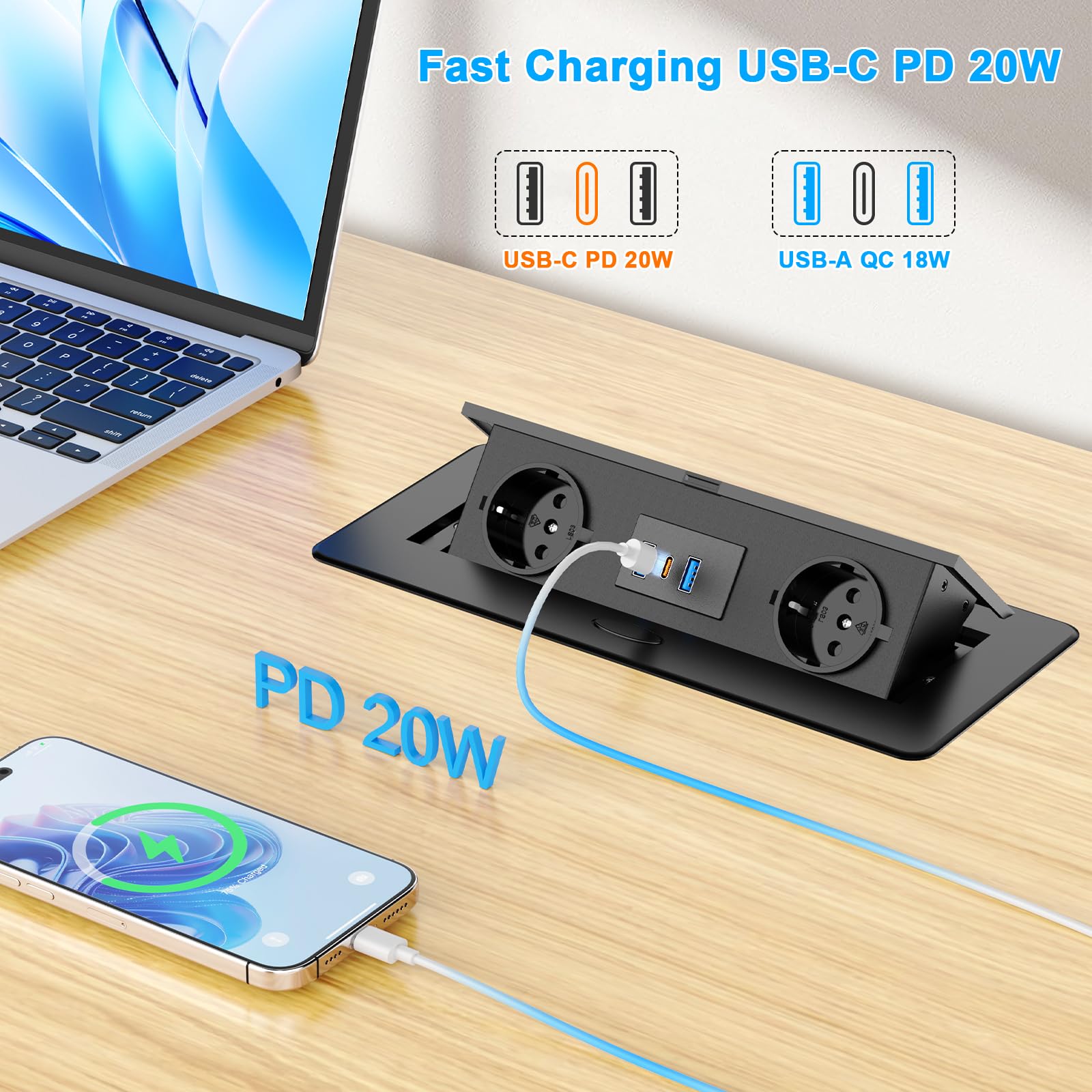 Alpheus Gniazdo wpuszczane na blat roboczy, USB-C PD 20W, 2 gniazda, czarne | Listwa zasilająca do zabudowy, 2 gniazda, USB-C PD 20 W, 2 USB-A 18W, metalowa obudowa, do biura, stołu konferencyjnego i