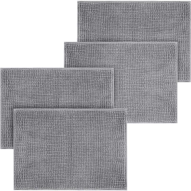 Hafaa Light Grey Bath Mat Non Slip Anti Mould – (4 Pack) 60x90 cm Chenille Bathroom Mat