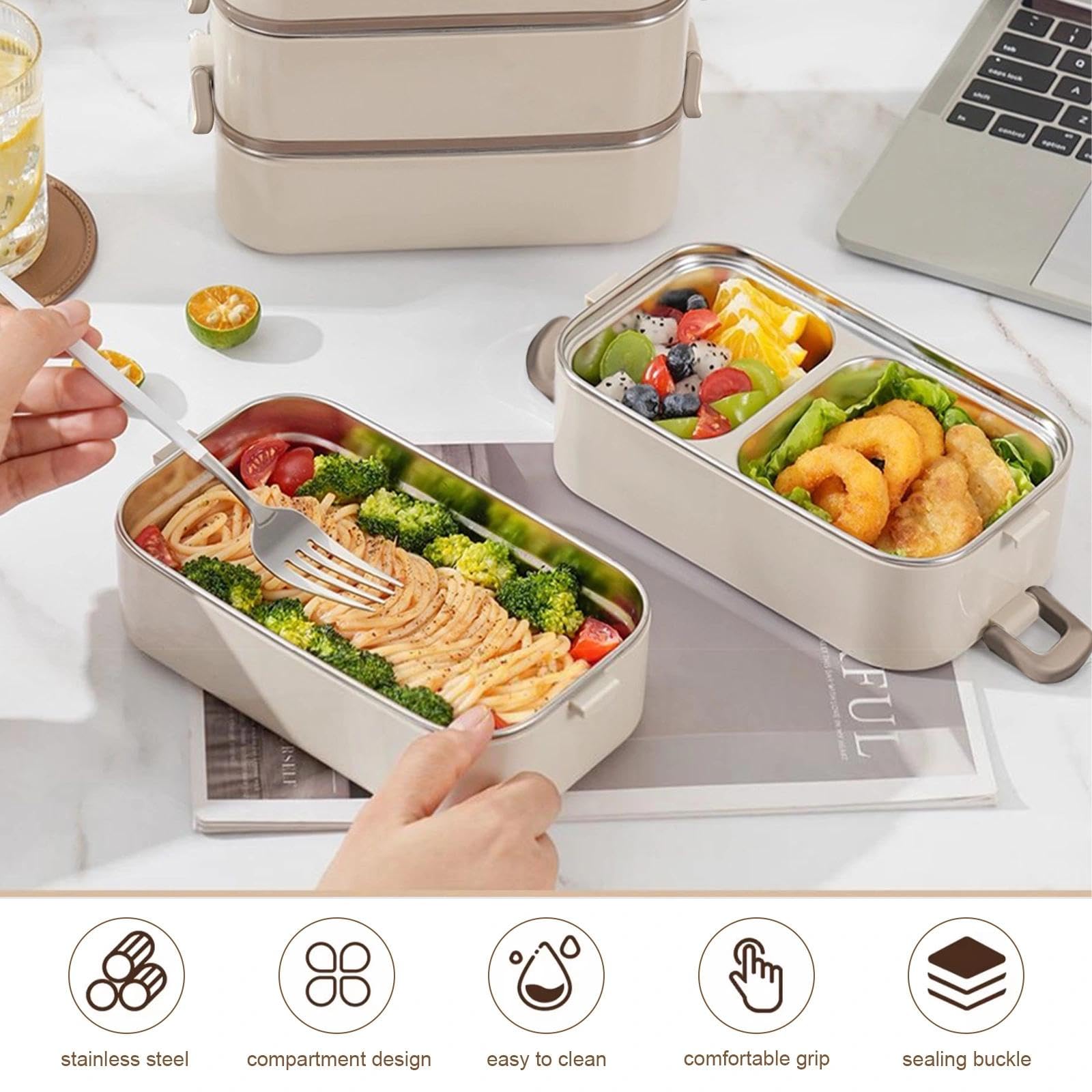 Porta Pranzo Lunch Box con Posate Portapranzo in Acciaio Inossidabile Schiscetta Pranzo Ermetico Bento Box Porta Pranzo per Picnic Scuola Uffici Adulto Bambini Portamerenda (Cachi)