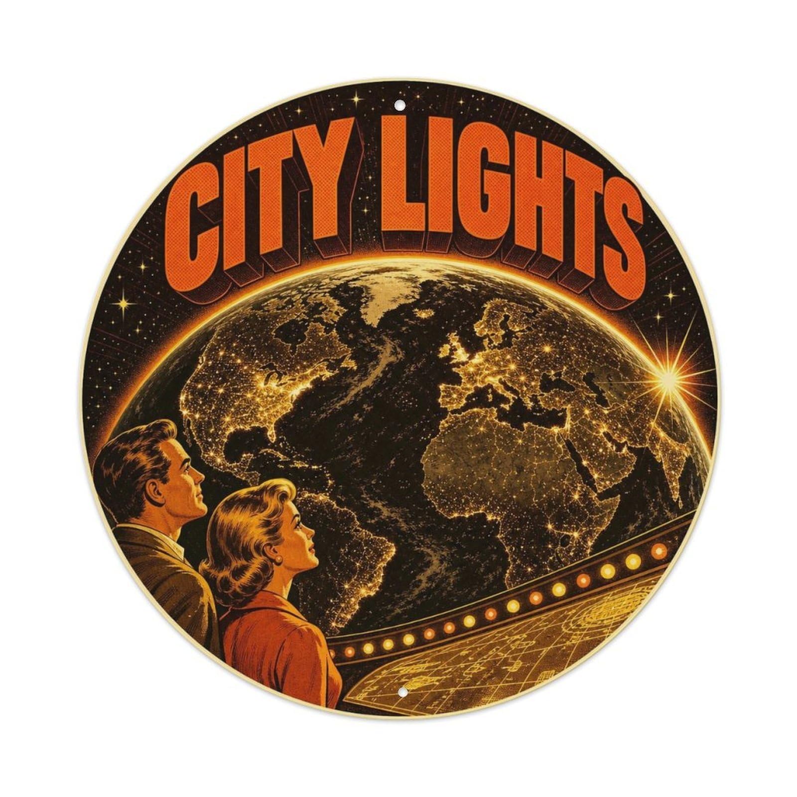 Earth City Lights Solar System Starscape Astronomy Metal Tin Sign Plaque Wall Decor for Cafe, Man Cave, Club Bar, Office, Home Garden Round Metal Poster 8x8Inch