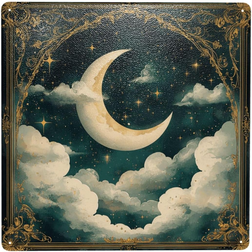 Vintage Golden Framed Crescent Moon Starry Sky Tin Metal Sign – 8x8 Inch Tin Metal Plaque Decor, For Bedrooms, Lunar Nooks Gifts For Lunar Admirers & Cosmic Devotees