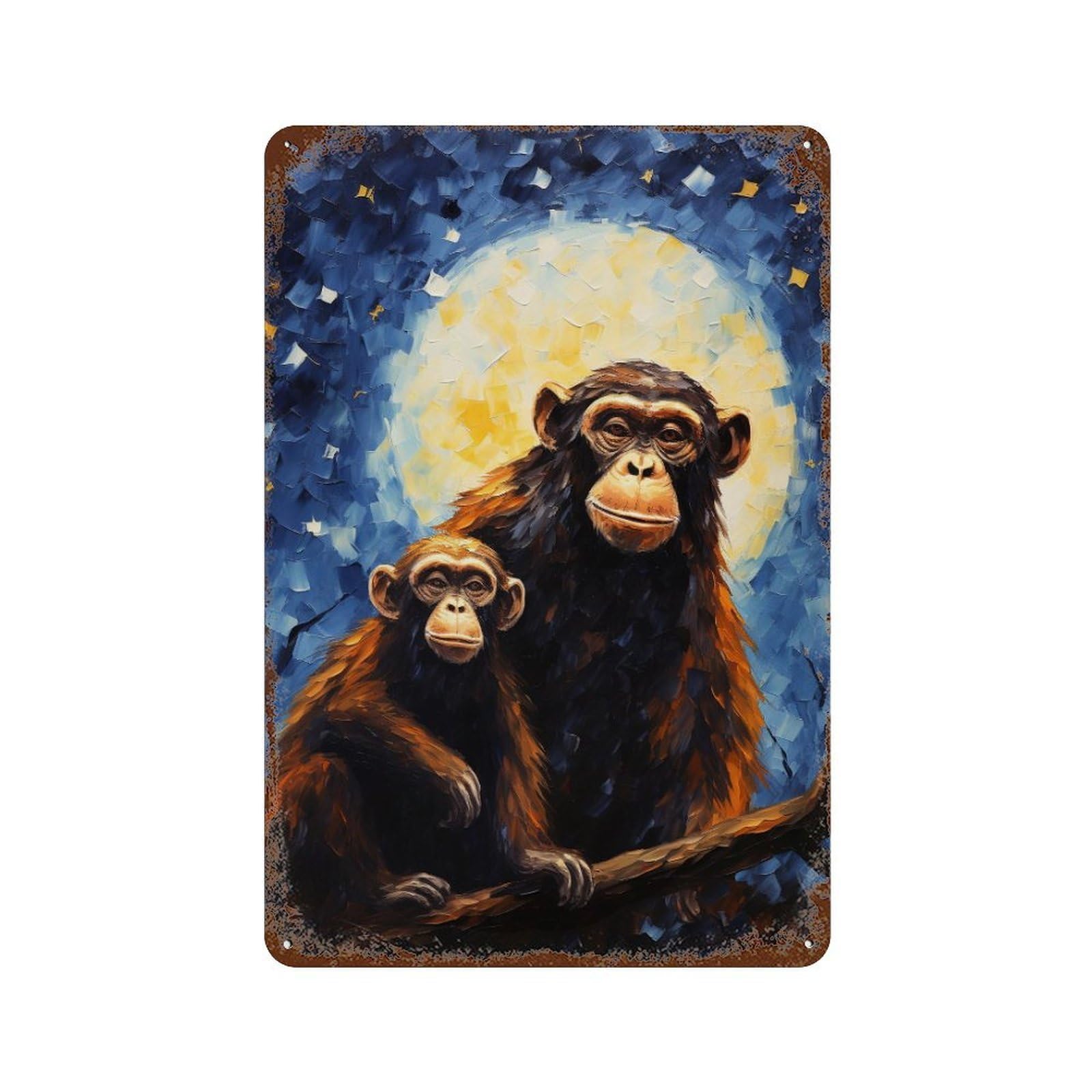 Chimpanzee Family Moonlight Rusty Metal Tin Sign 11.8"x7.9", for Pub, Kitchen And Man Cave Decor, Novelty Wall Decor