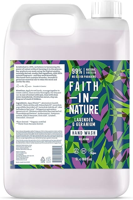 Faith In Nature Natural Lavender and Geranium Hand Wash, Nourishing, Vegan and Cruelty Free, No SLS or Parabens, 5 L Refill Pack
