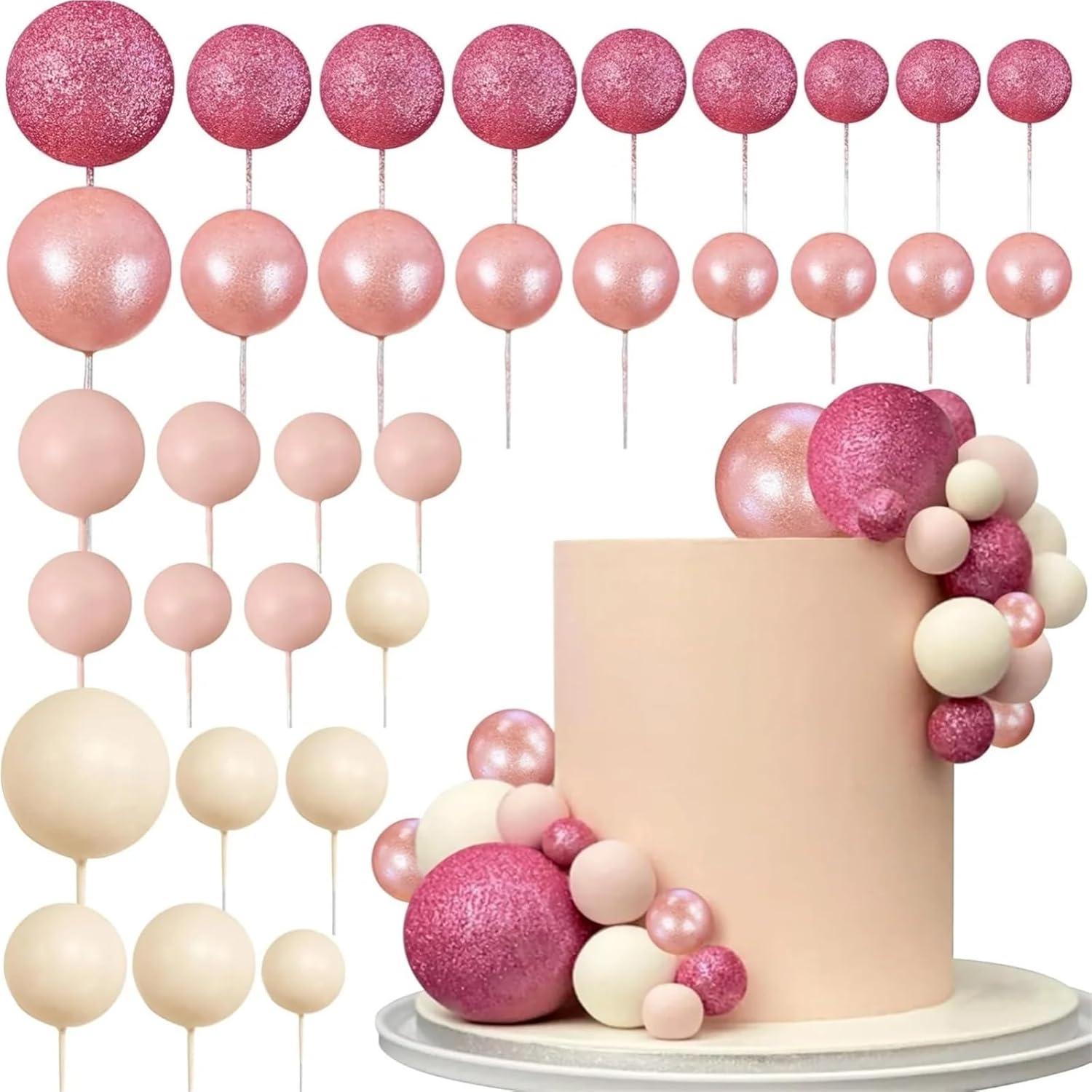 32pcs Ocean Theme Glitter Blue Ball Cake Topper - Colorful Cupcake Picks for Birthday Party & Wedding Decoration(32pcs rose gold)