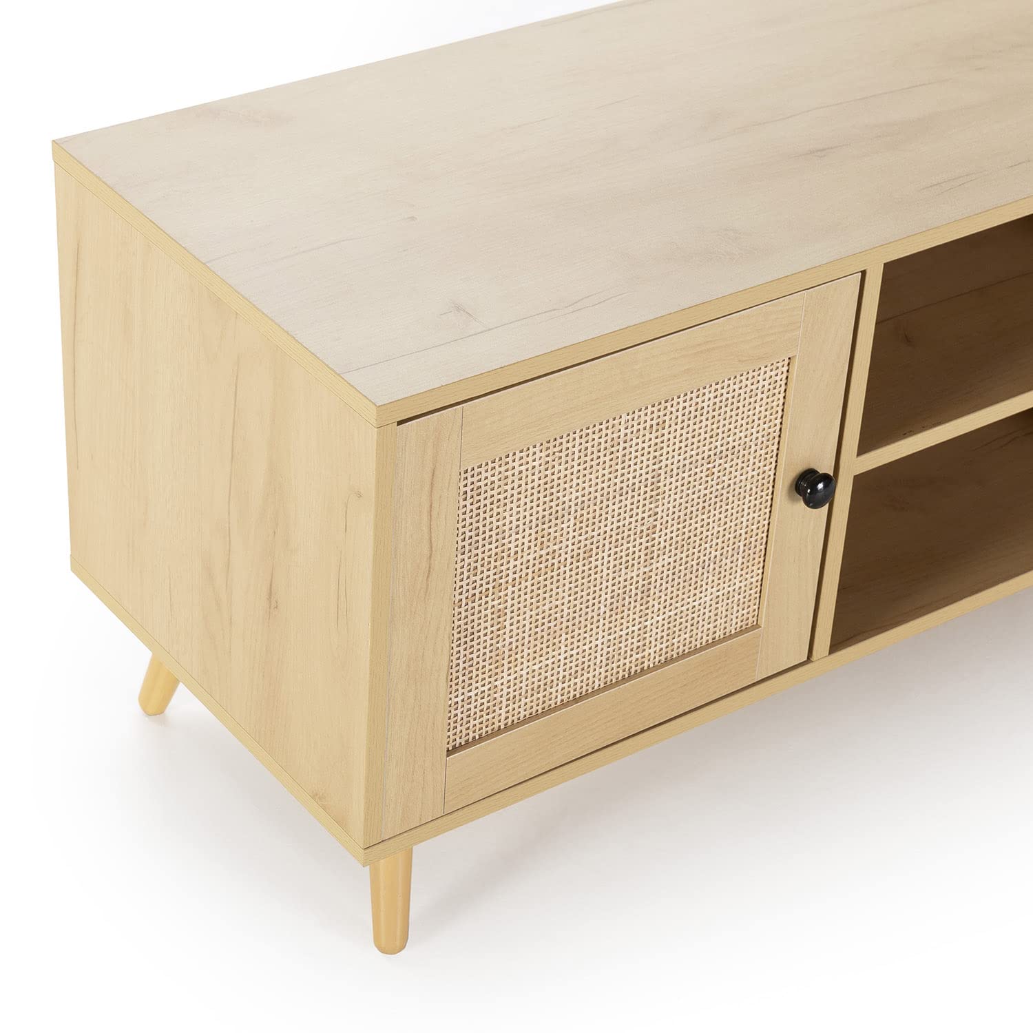 HOMN LIVING Mueble TV Bella 2 Puertas Color Roble con ratán Natural, 120 cm (Ancho) 40 cm (Profundo) 48 cm (Altura)