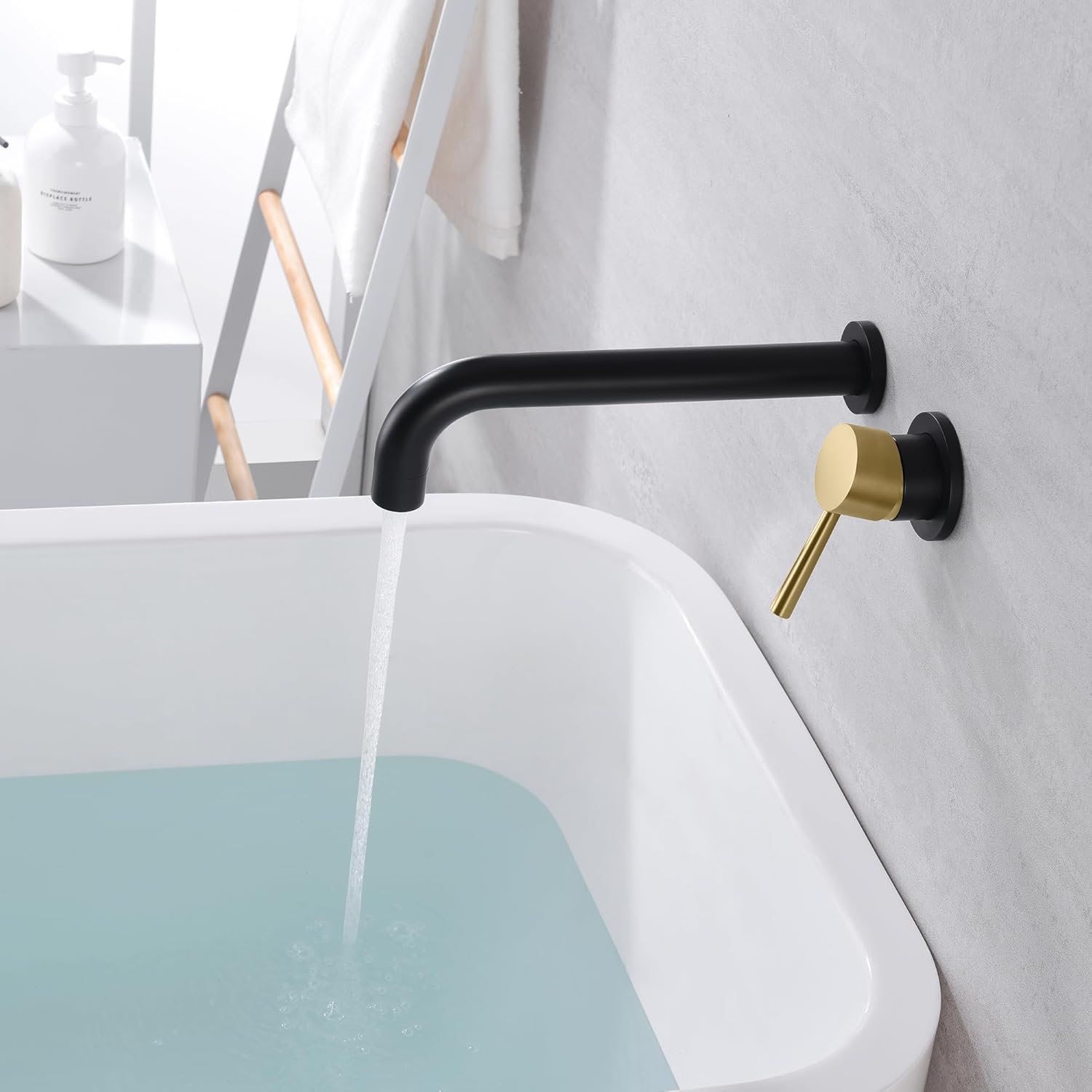 SUMERAIN Wall Mount Tub Faucet Bathroom Bathtub Faucet with Long Tub Filler Spout Black and Gold Finish Single Handle
