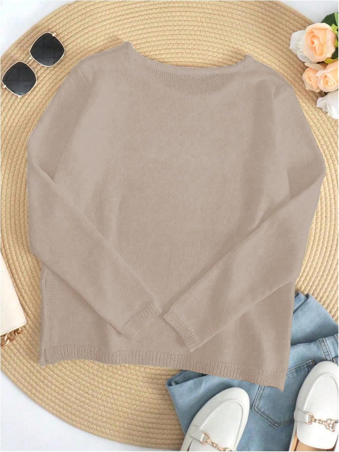 COZYEASE Women's Beach Cover Up Letter Print Long Sleeve Sweater Crew Neck Split Hem Crochet Jumper Top - Image 3