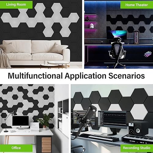 Miniatura 6 de Paquete de 12 paneles acústicos, paneles hexagonales negros, azulejos de espuma acústica autoadhesivos, paneles a prueba de sonido para estudio de