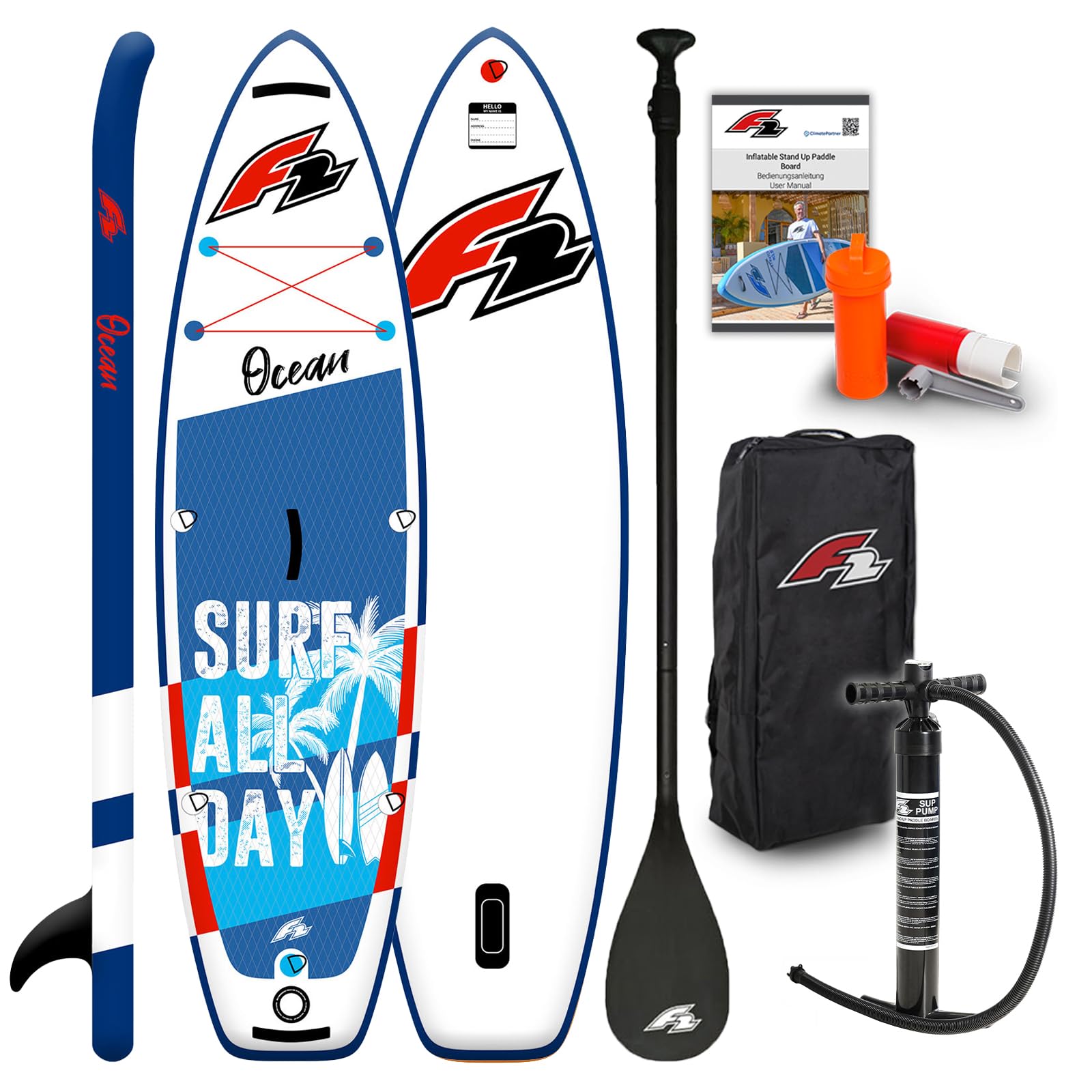 F2 Junior SUP Stand Up Paddle Board Ocean Boy 8'2''/9'2" wählbar Blau