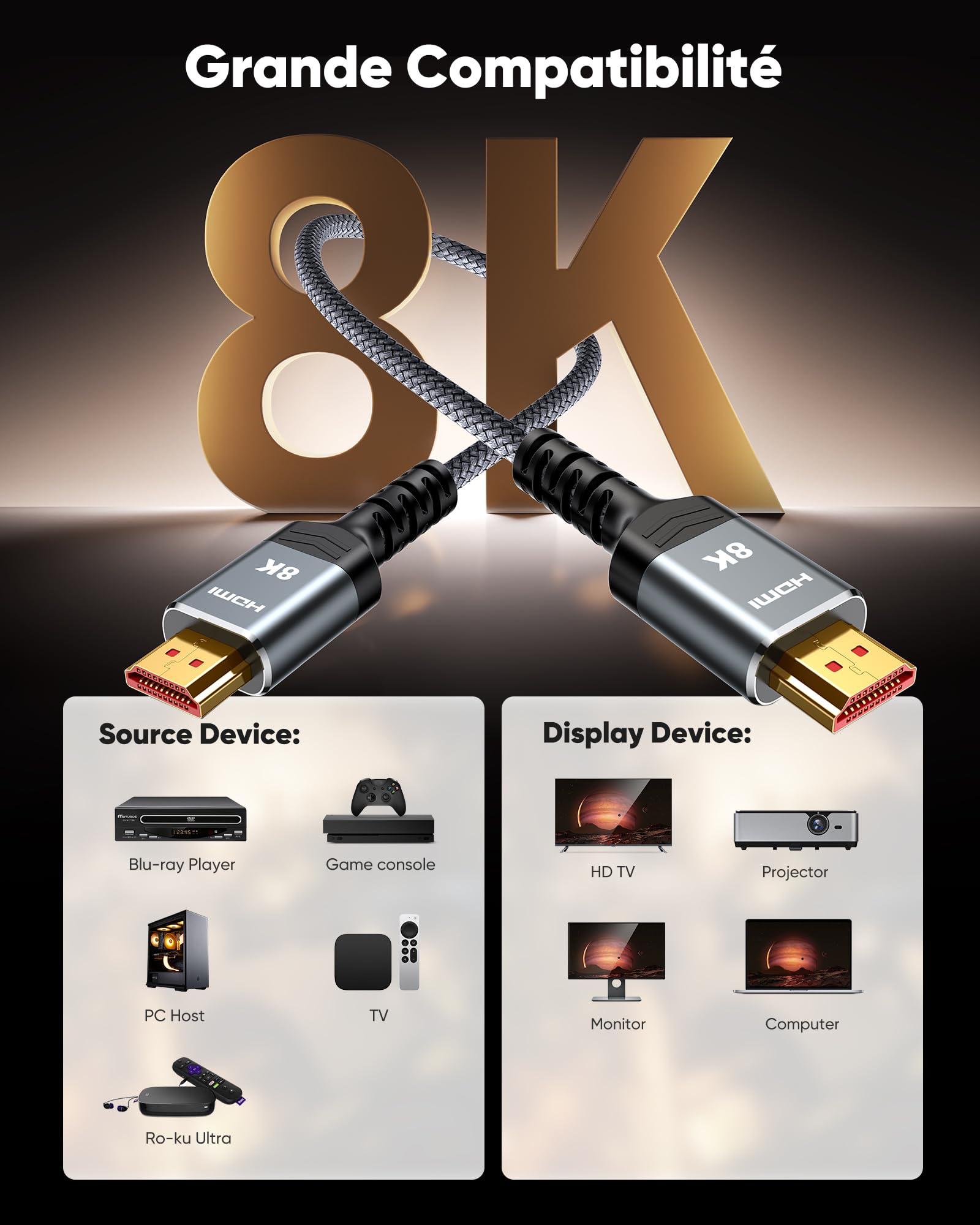 Snowkids 10K 8K Cable HDMI 2M, Ultra Haut Débit 48Gbps 8K@60Hz 4K@120Hz Cordon HDMI 2.1, HDR10+ ARC eARC HDCP 2.2&2.3 Compatible avec TV PC Monitor Projecteur PS-5 X-box