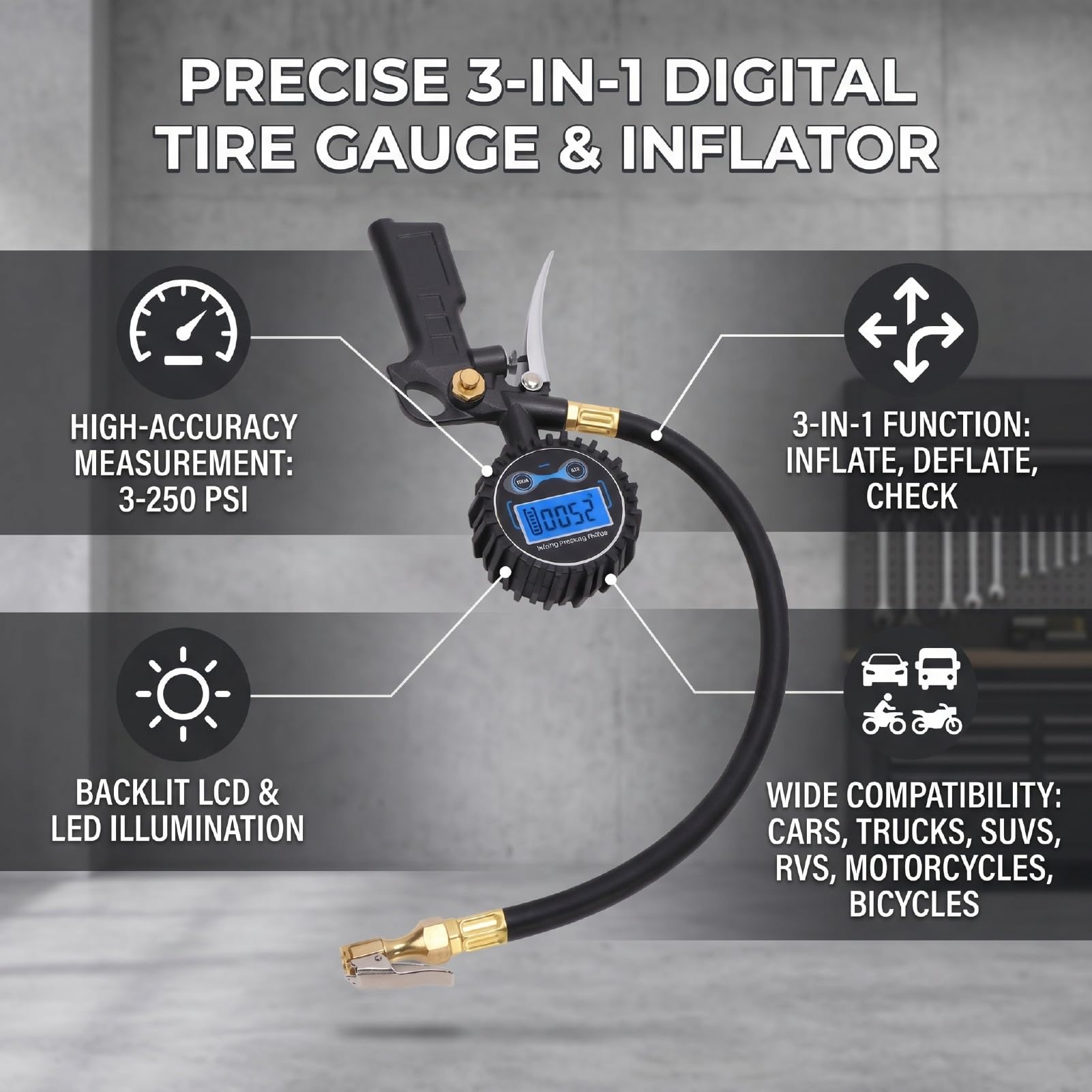 Yctze Manómetro de Presión de Neumáticos Digital 250 Psi con Inflador para Mecánicos Autos y Uso en Emergencias en Carretera Lecturas Precisas Resolución 0,1 Psi Pantalla LCD