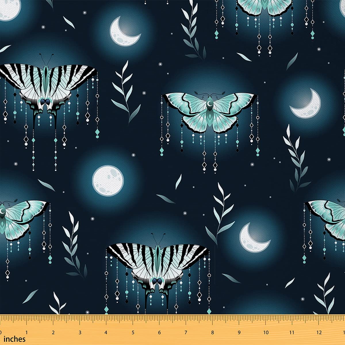 Green Moth Fabric by The Yard,Fancy Mystic Flying Animal Decorative Fabric for Upholstery and Home DIY Projects,Starry Moon Night Botanical Leaves Precut Fabric Squres,3 Yards — image 1